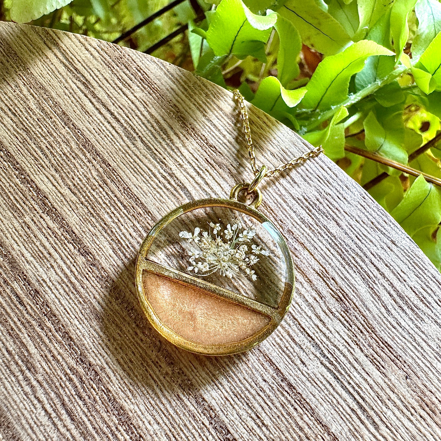 Divided Circle Queen Anne’s Lace Necklace | Real Pressed Flower Jewelry