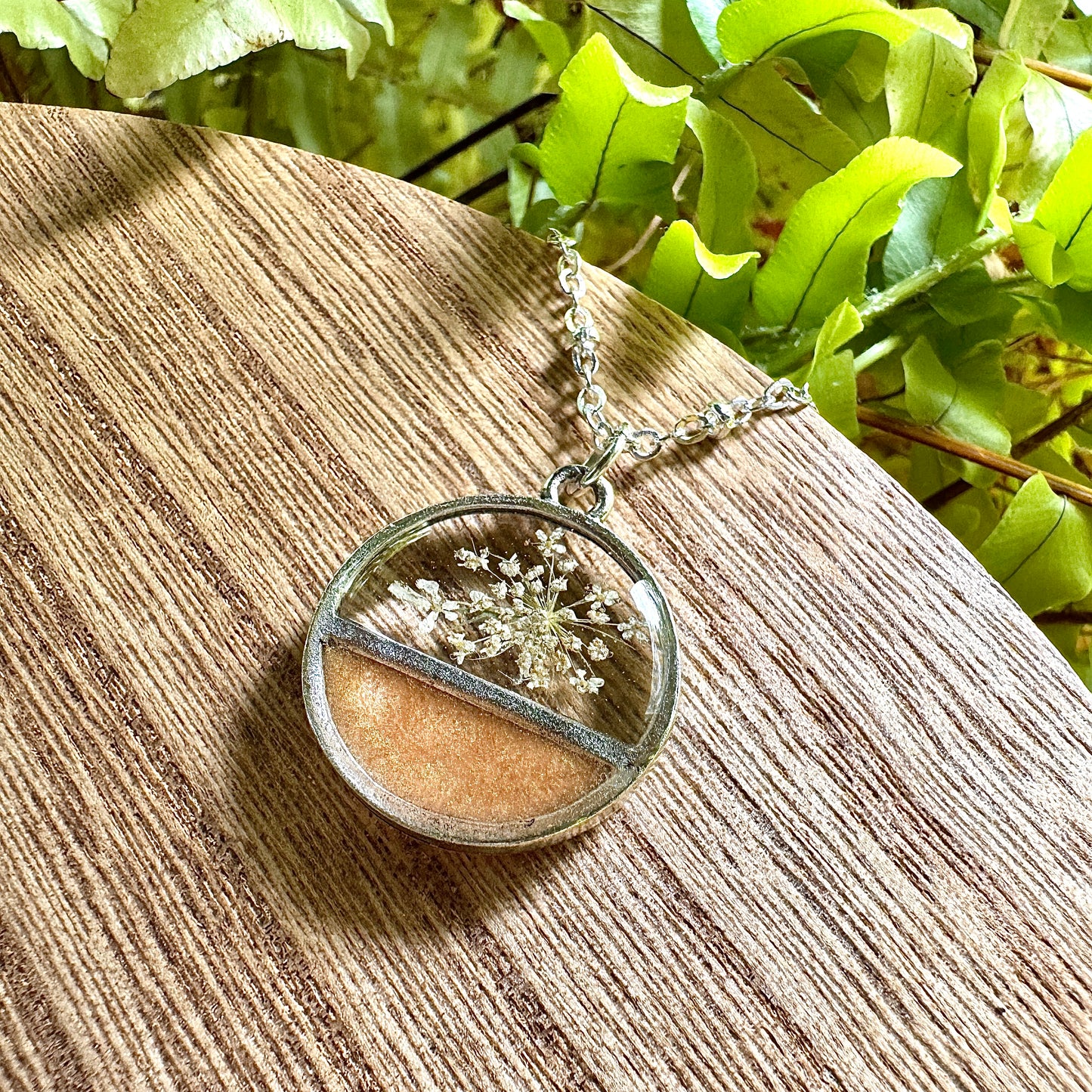 Divided Circle Queen Anne’s Lace Necklace | Real Pressed Flower Jewelry