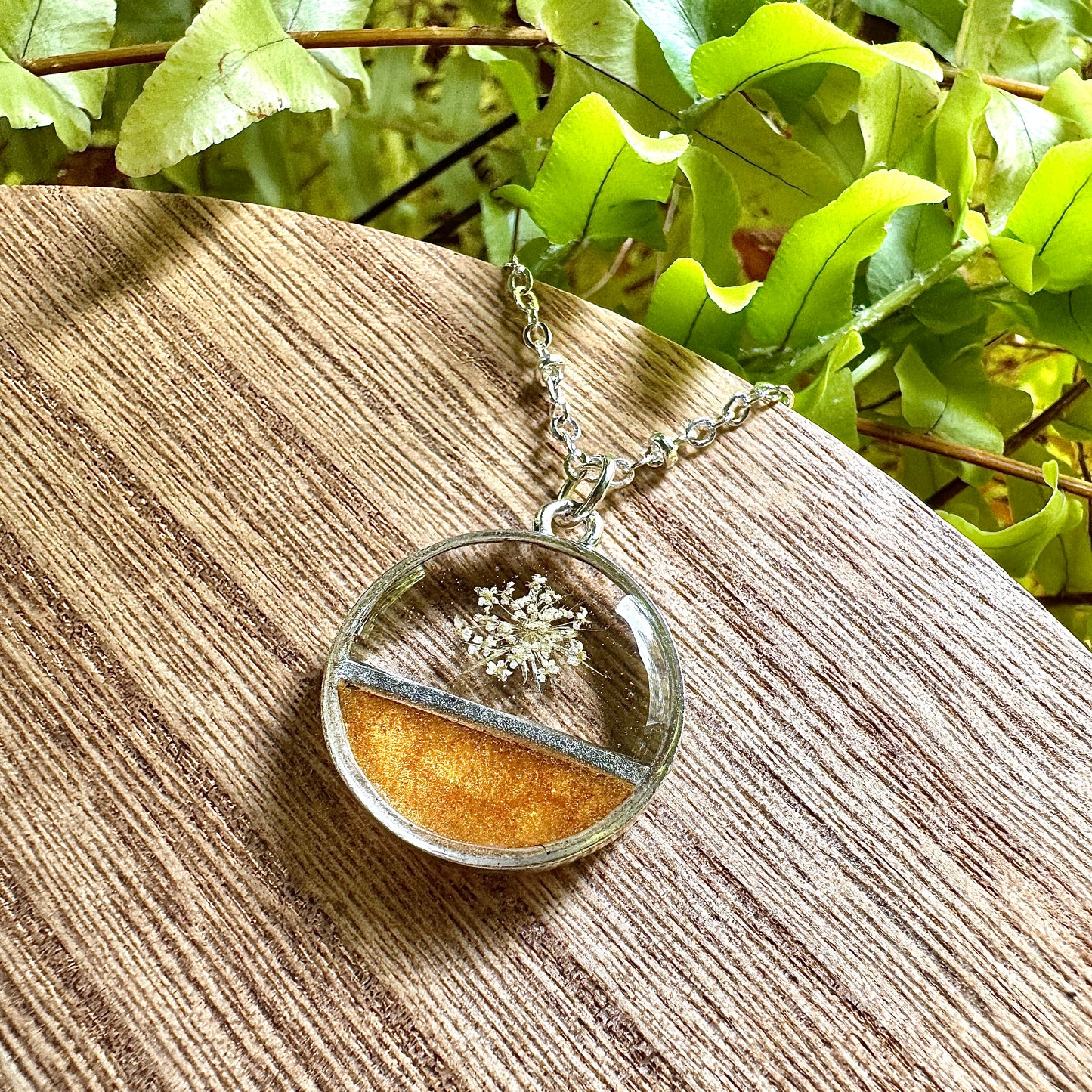 Divided Circle Queen Anne’s Lace Necklace | Real Pressed Flower Jewelry
