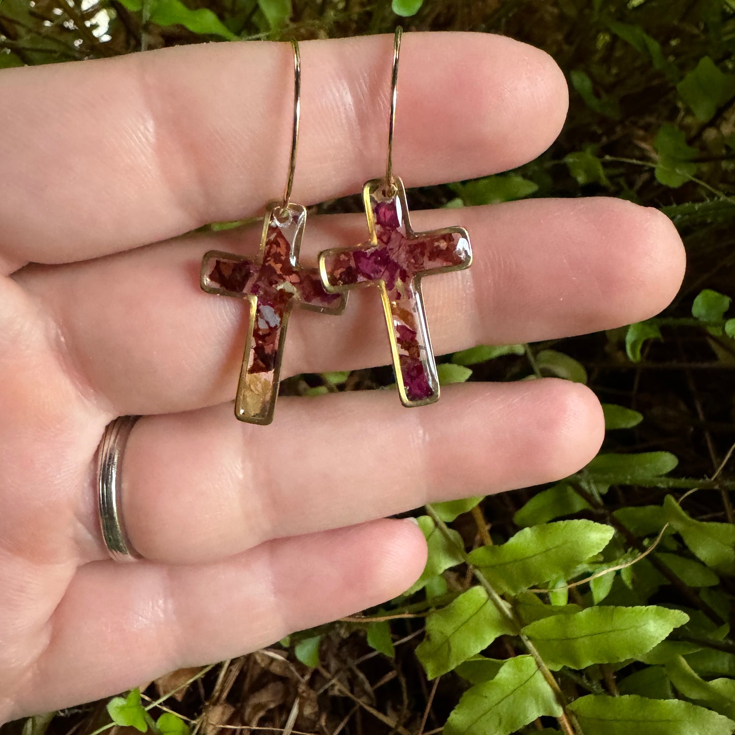 Rose Petal Cross Earrings | Real Flower Resin Faith Jewelry