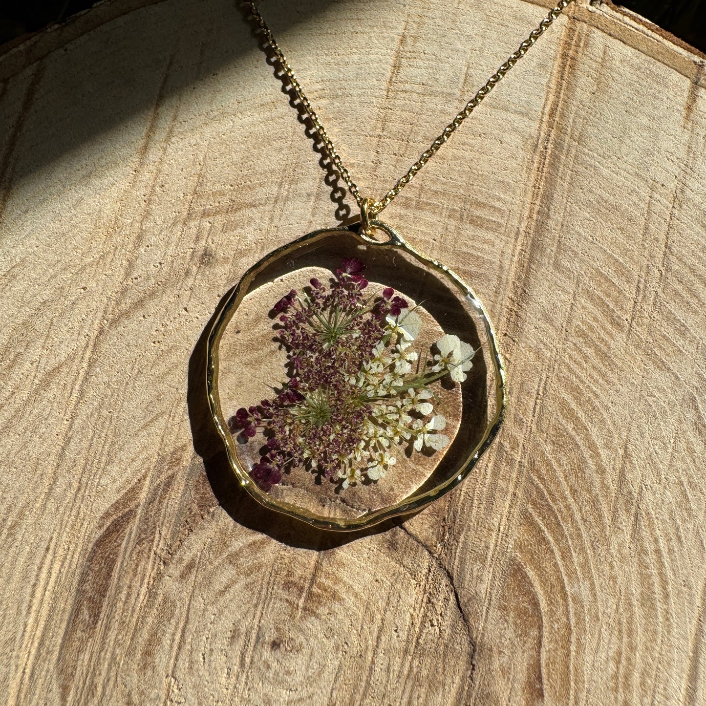 Purple + White Queen Anne’s Lace Necklace | Real Pressed Flower Jewelry