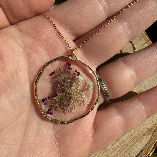Purple + White Queen Anne’s Lace Necklace | Real Pressed Flower Jewelry