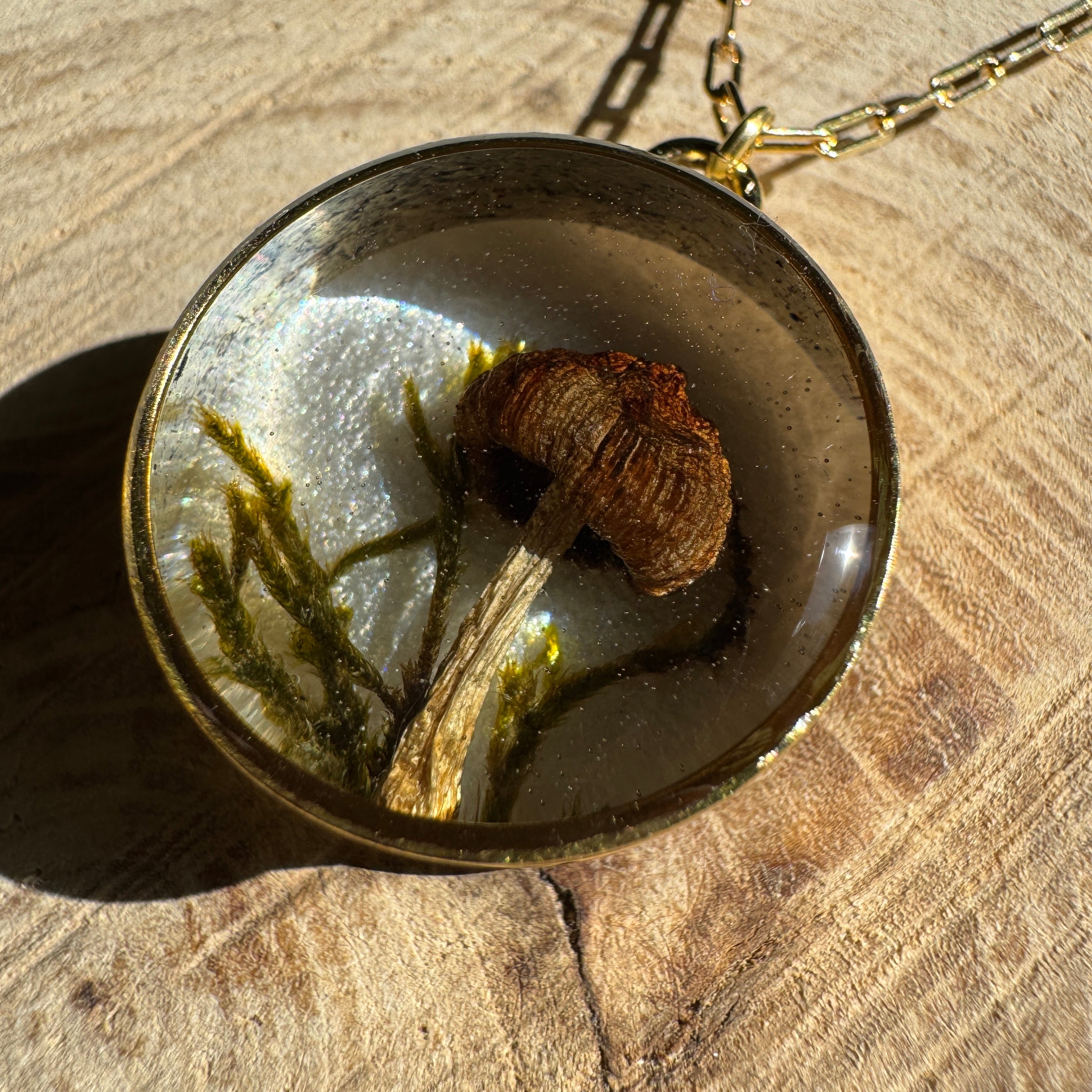 Mushroom & Moss Necklace | Real Forest Elements in Silver Resin Pendant
