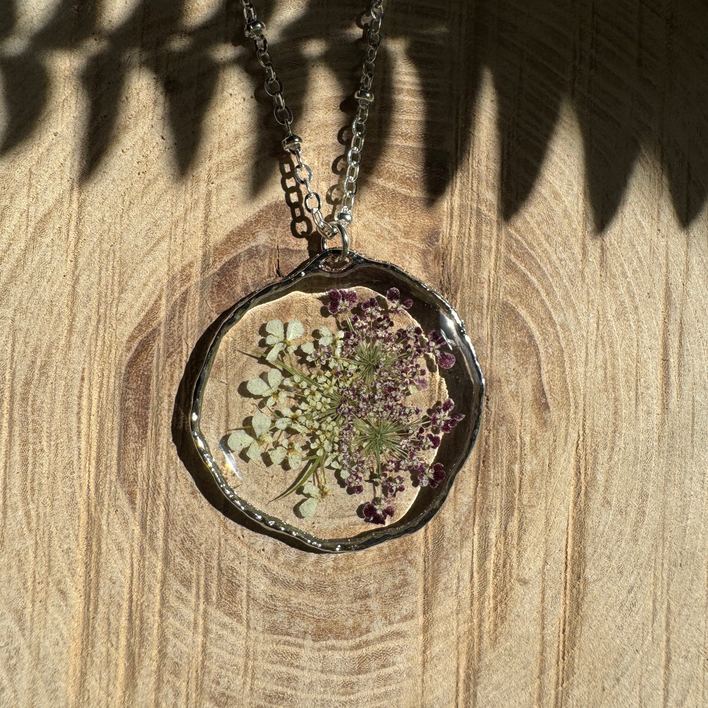Purple + White Queen Anne’s Lace Necklace | Real Pressed Flower Jewelry