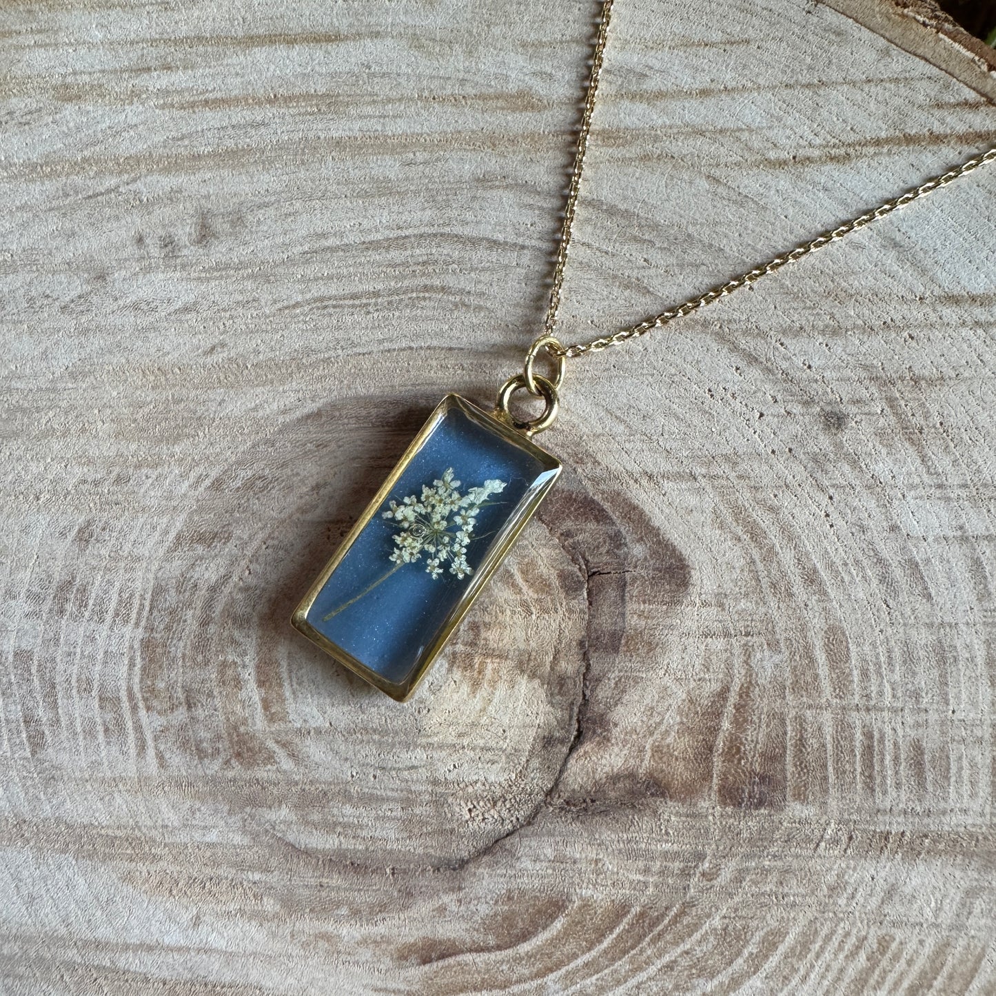 Custom Queen Anne’s Lace Jewelry | Rectangle Necklace in Gold-Filled, Sterling Silver or Copper