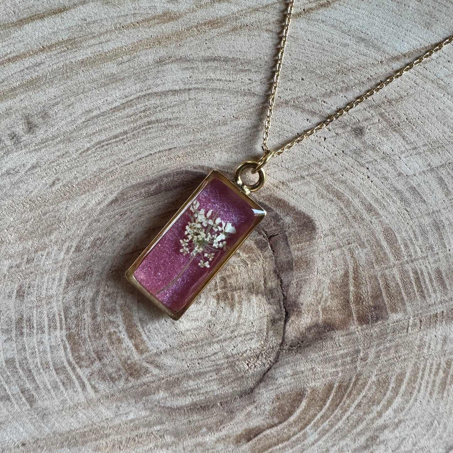 Custom Queen Anne’s Lace Jewelry | Rectangle Necklace in Gold-Filled, Sterling Silver or Copper