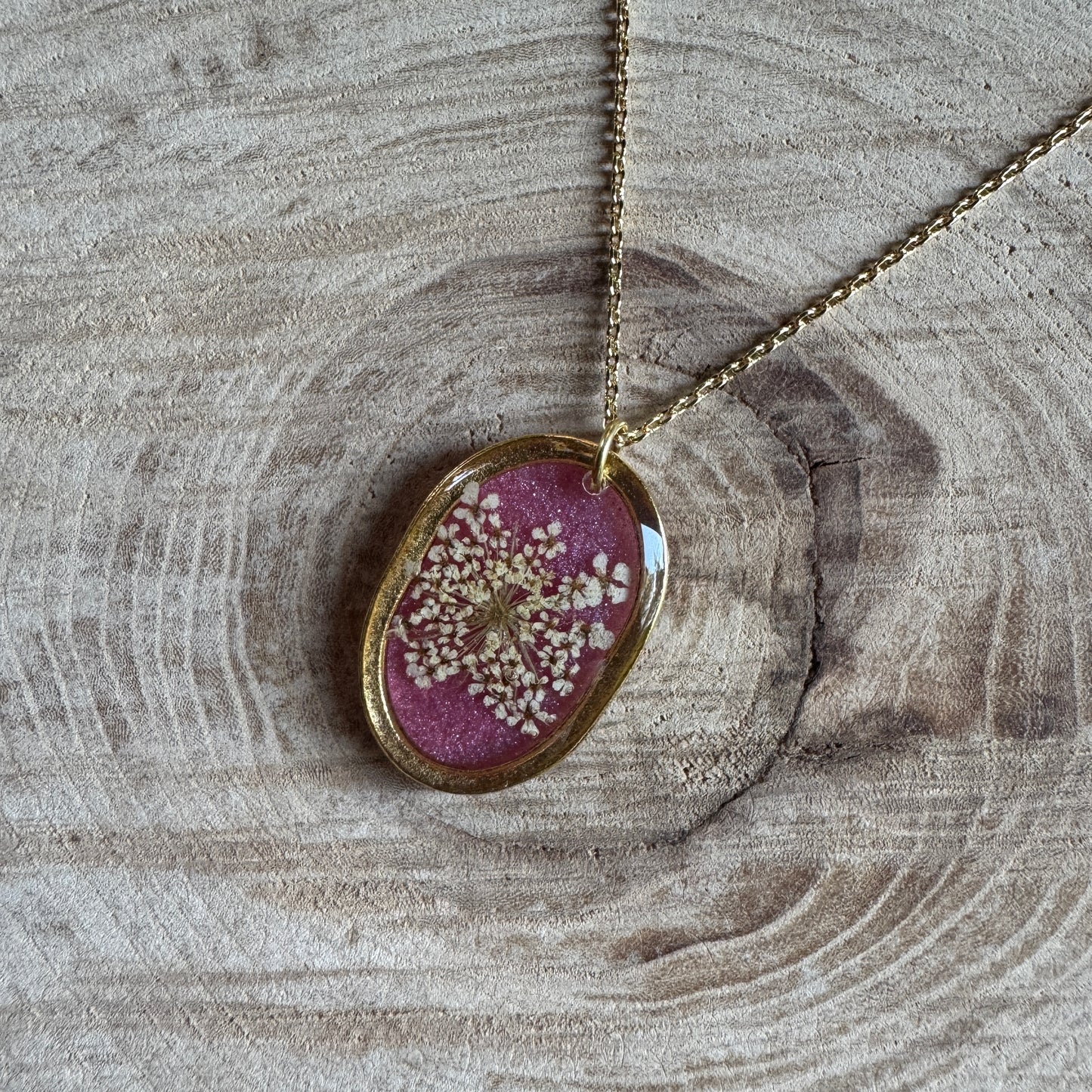 Custom Queen Anne’s Lace Jewelry | Hammered Oval Necklace in Gold-Filled, Sterling Silver or Copper