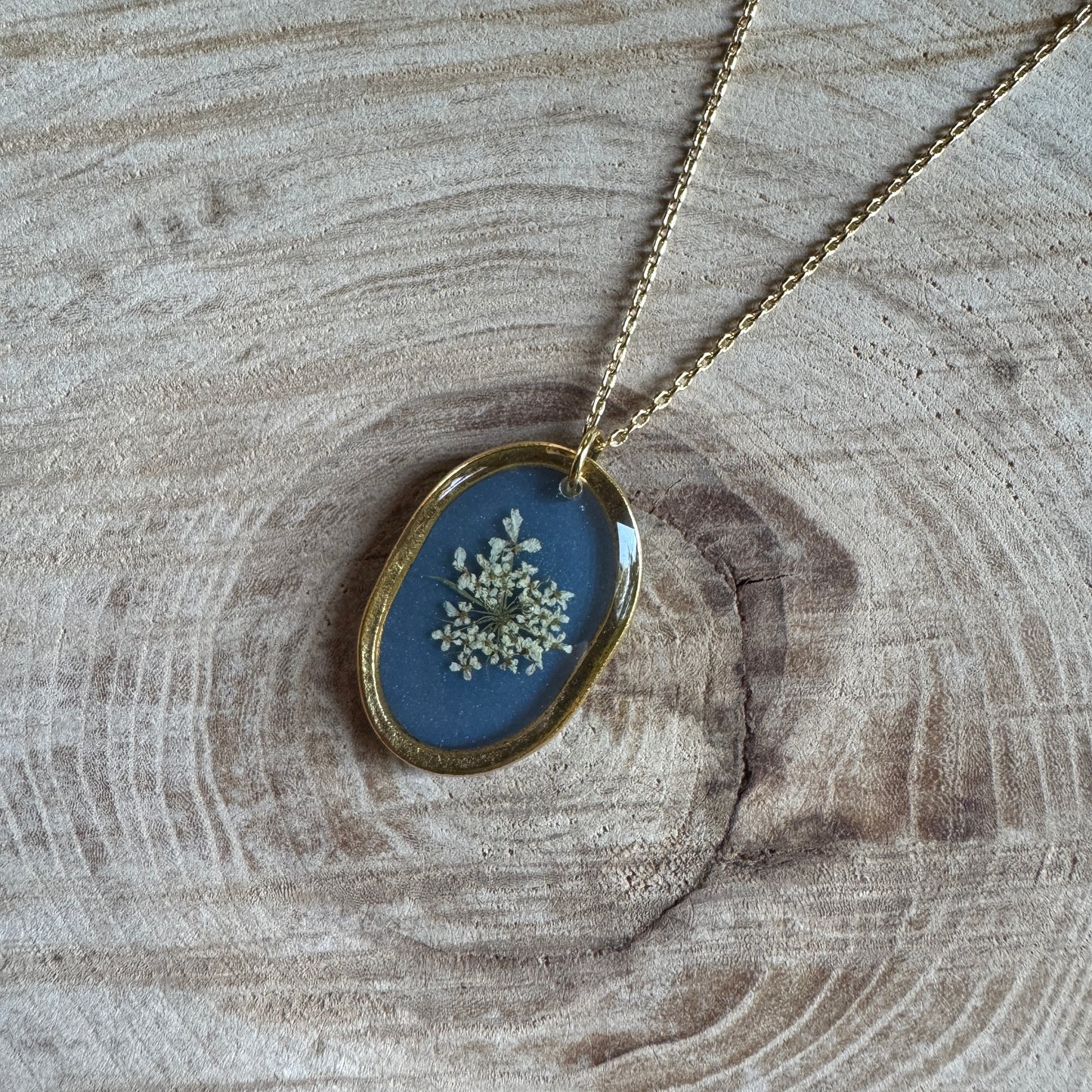 Custom Queen Anne’s Lace Jewelry | Hammered Oval Necklace in Gold-Filled, Sterling Silver or Copper
