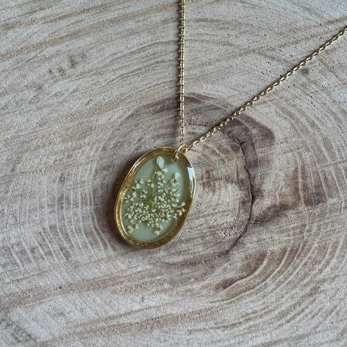 Custom Queen Anne’s Lace Jewelry | Hammered Oval Necklace in Gold-Filled, Sterling Silver or Copper