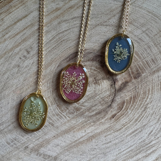 Custom Queen Anne’s Lace Jewelry | Hammered Oval Necklace in Gold-Filled, Sterling Silver or Copper