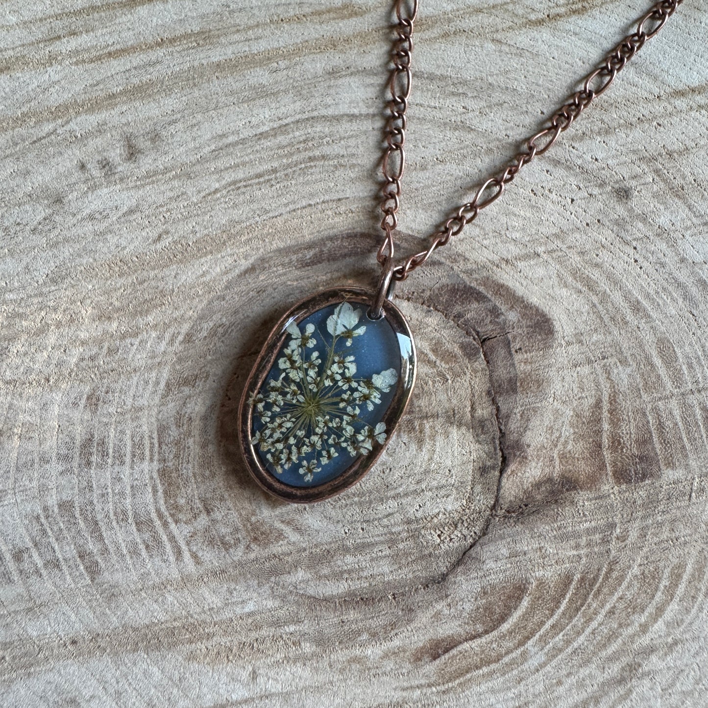 Custom Queen Anne’s Lace Jewelry | Hammered Oval Necklace in Gold-Filled, Sterling Silver or Copper