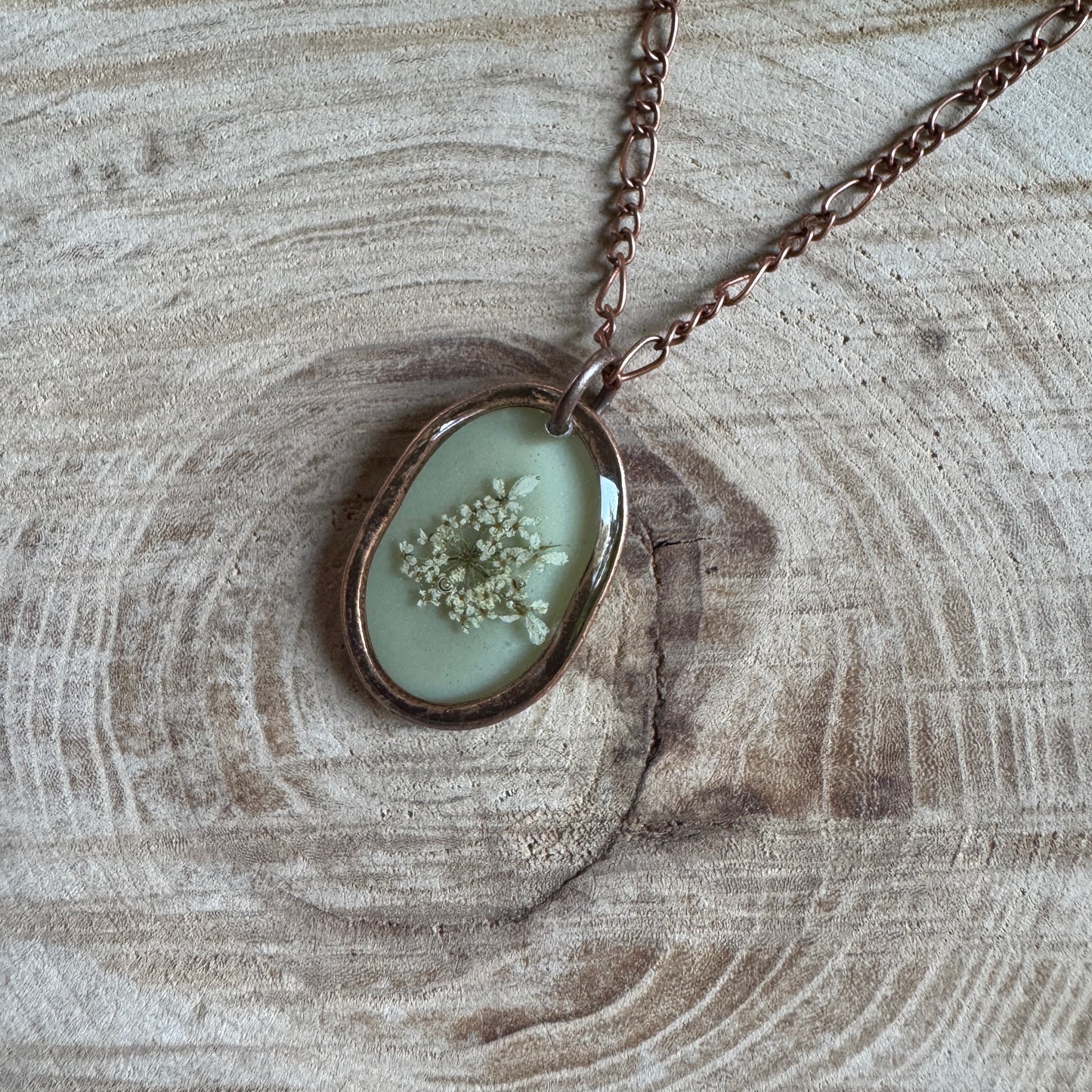 Custom Queen Anne’s Lace Jewelry | Hammered Oval Necklace in Gold-Filled, Sterling Silver or Copper