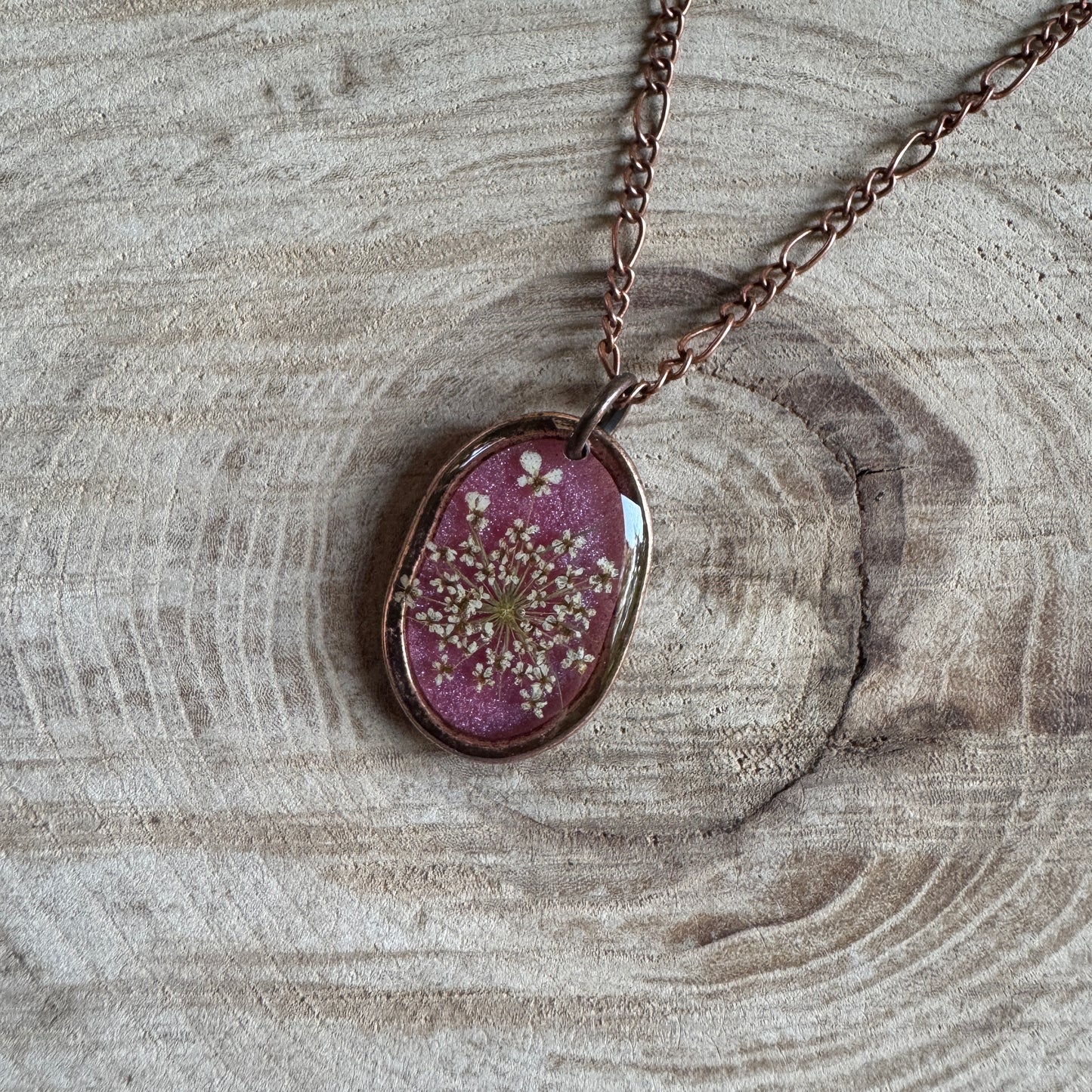 Custom Queen Anne’s Lace Jewelry | Hammered Oval Necklace in Gold-Filled, Sterling Silver or Copper