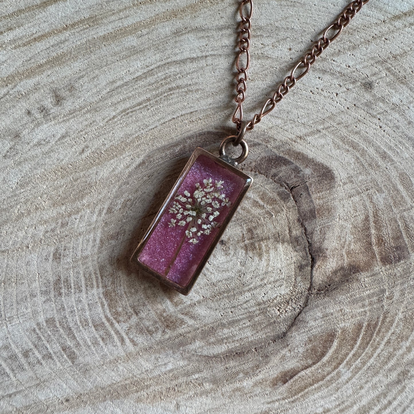 Custom Queen Anne’s Lace Jewelry | Rectangle Necklace in Gold-Filled, Sterling Silver or Copper