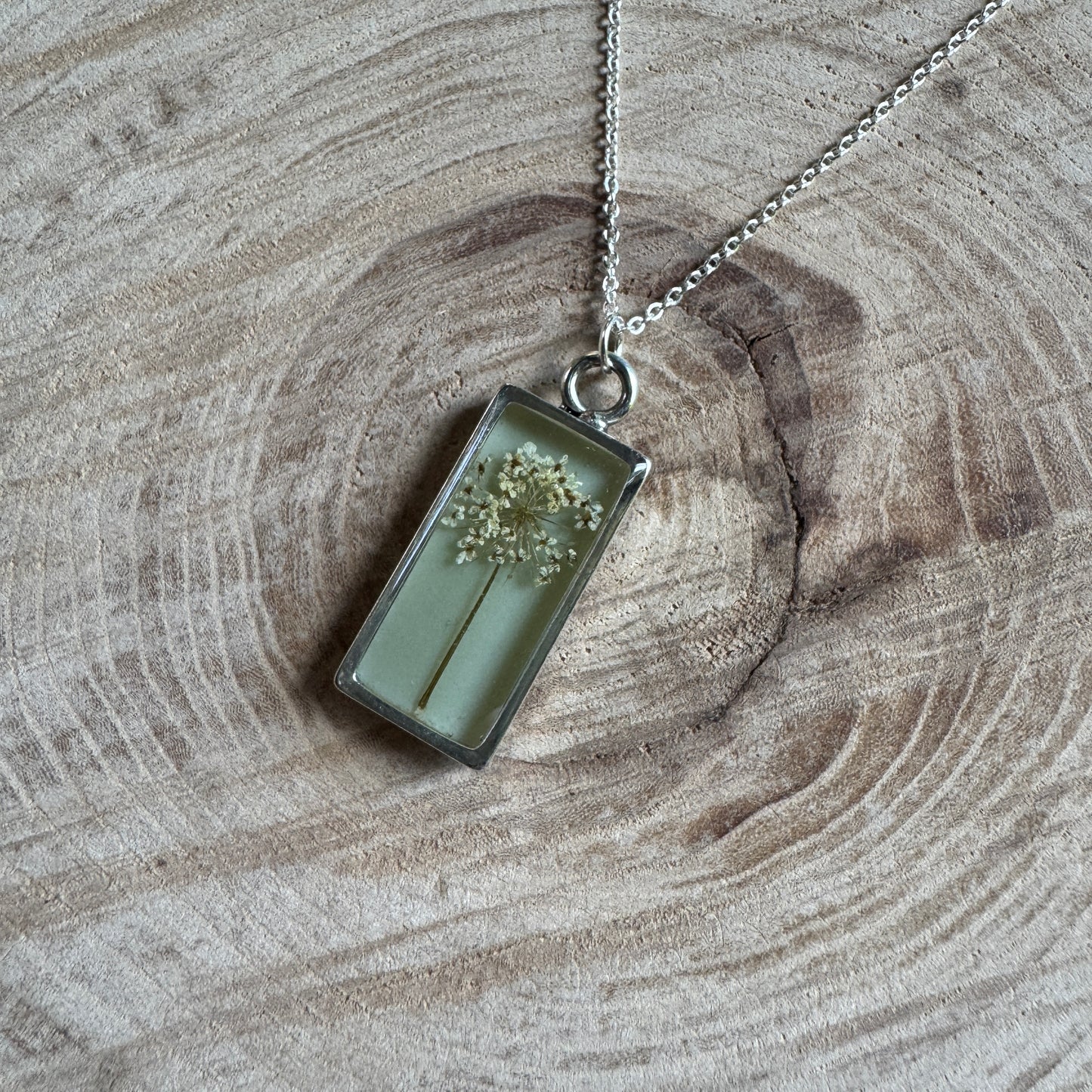 Custom Queen Anne’s Lace Jewelry | Rectangle Necklace in Gold-Filled, Sterling Silver or Copper