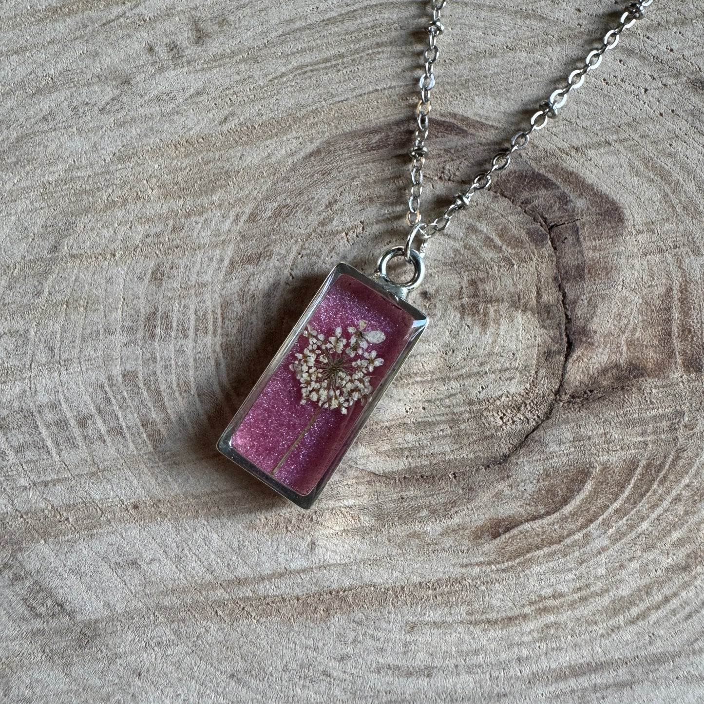Custom Queen Anne’s Lace Jewelry | Rectangle Necklace in Gold-Filled, Sterling Silver or Copper
