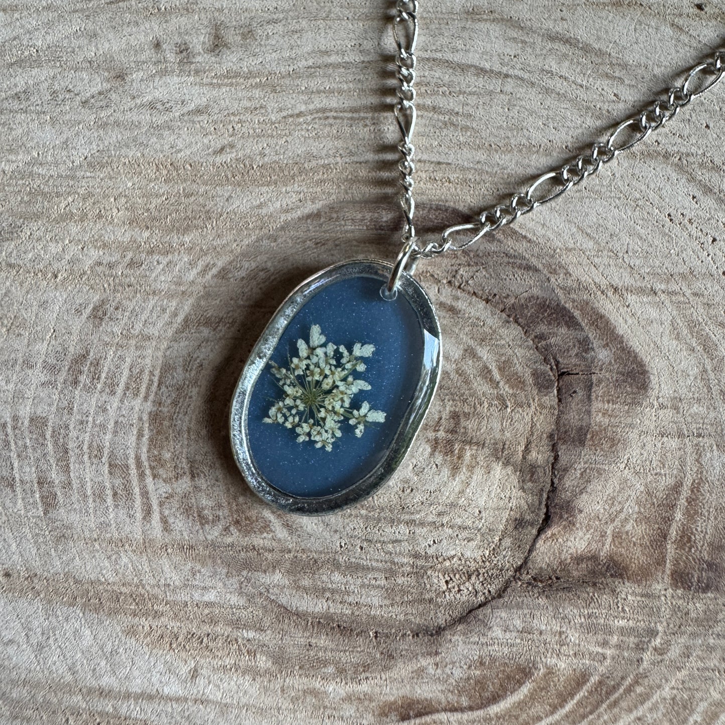 Custom Queen Anne’s Lace Jewelry | Hammered Oval Necklace in Gold-Filled, Sterling Silver or Copper