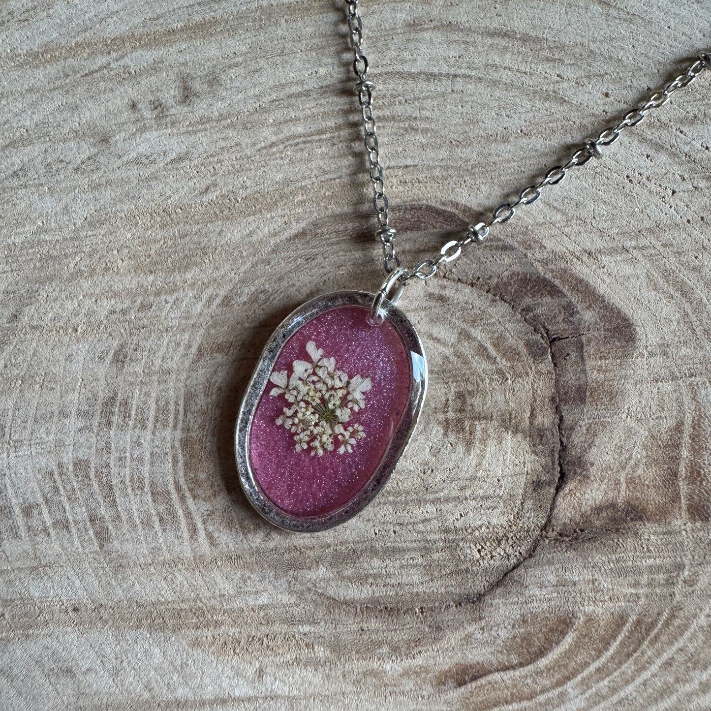 Custom Queen Anne’s Lace Jewelry | Hammered Oval Necklace in Gold-Filled, Sterling Silver or Copper
