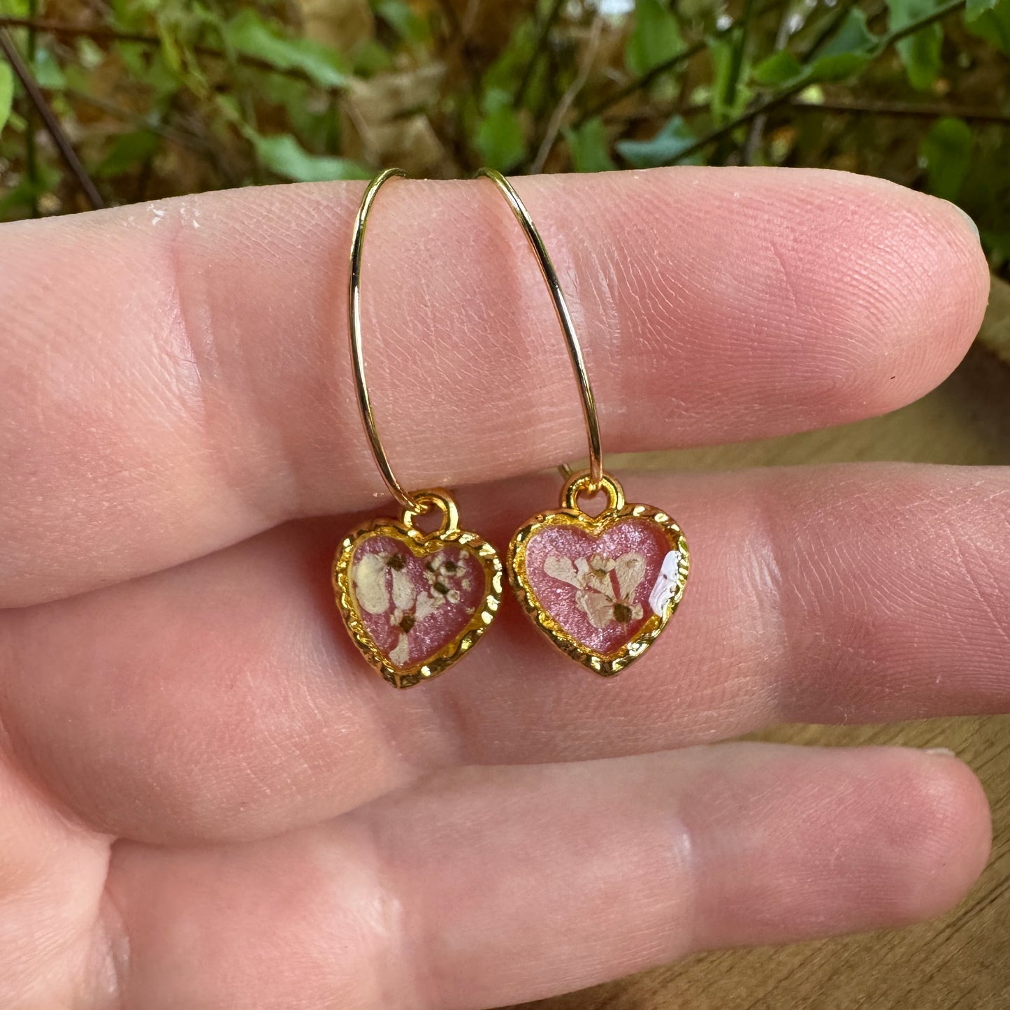 Pressed Rose & Queen Anne’s Lace Earrings – Valentine’s Botanical Jewelry in Gold Filled