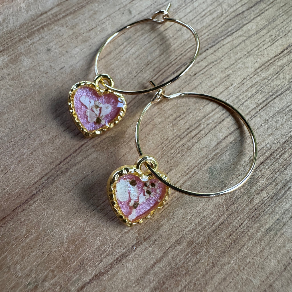 Pressed Rose & Queen Anne’s Lace Earrings – Valentine’s Botanical Jewelry in Gold Filled