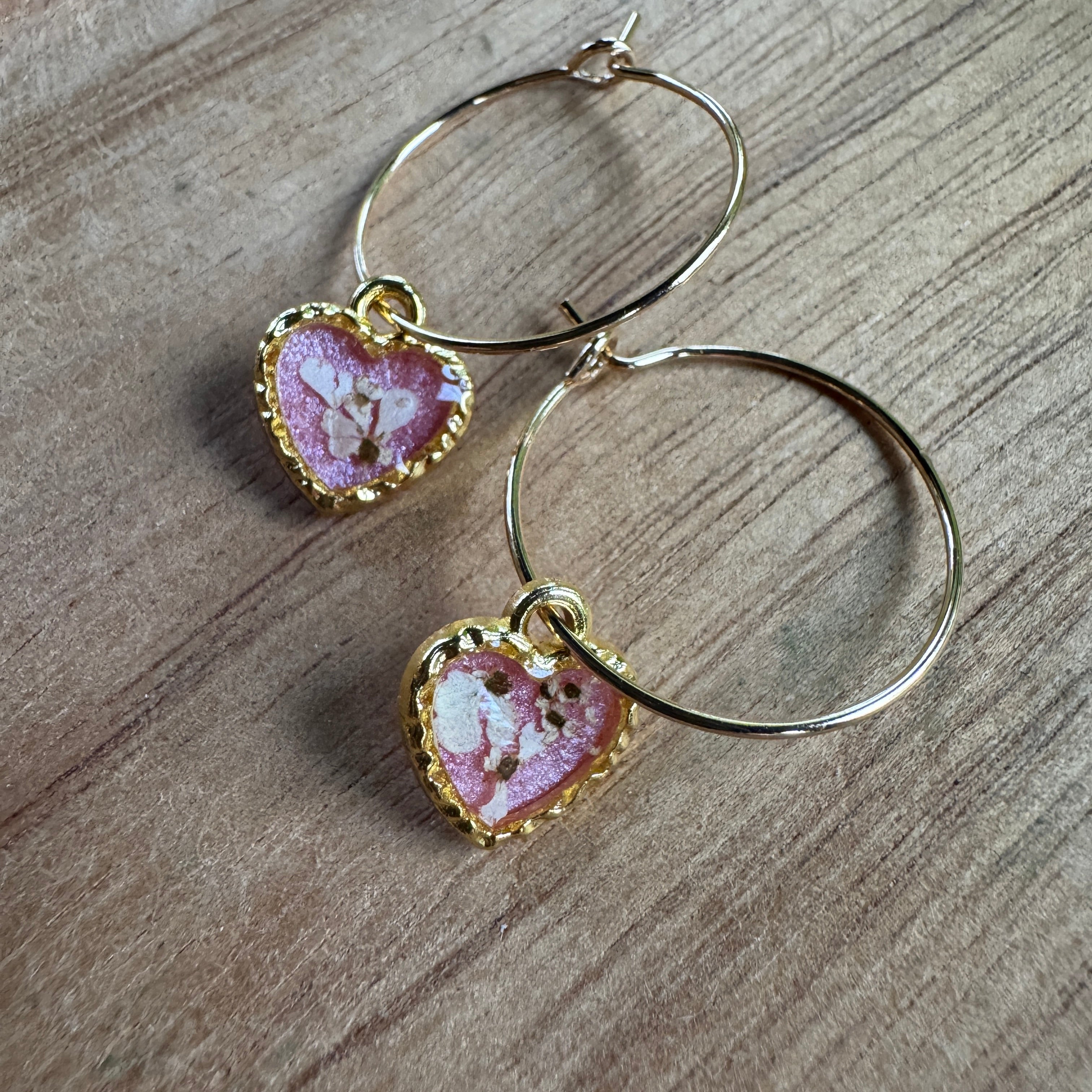 Pressed Rose & Queen Anne’s Lace Earrings – Valentine’s Botanical Jewelry in Gold Filled