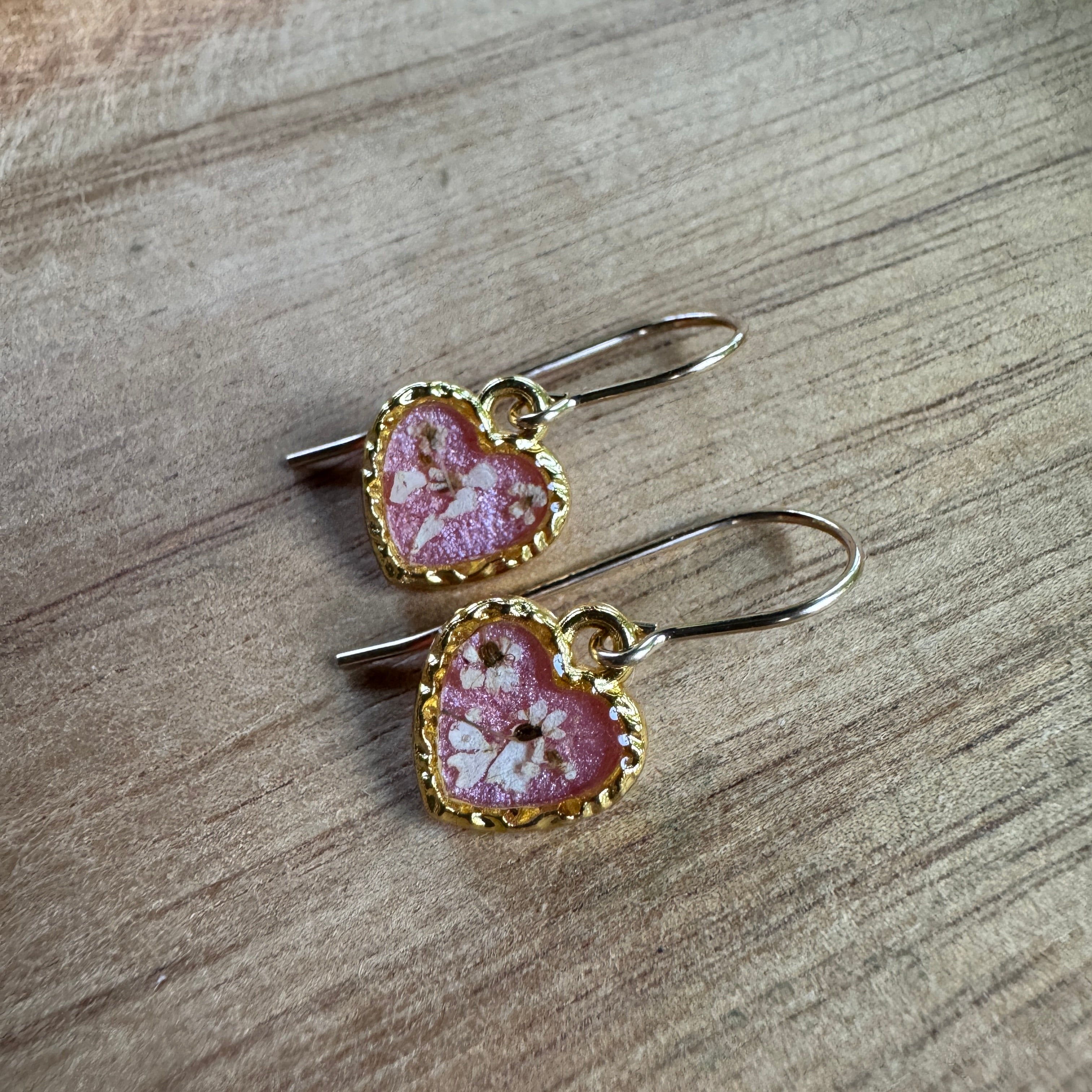 Pressed Rose & Queen Anne’s Lace Earrings – Valentine’s Botanical Jewelry in Gold Filled