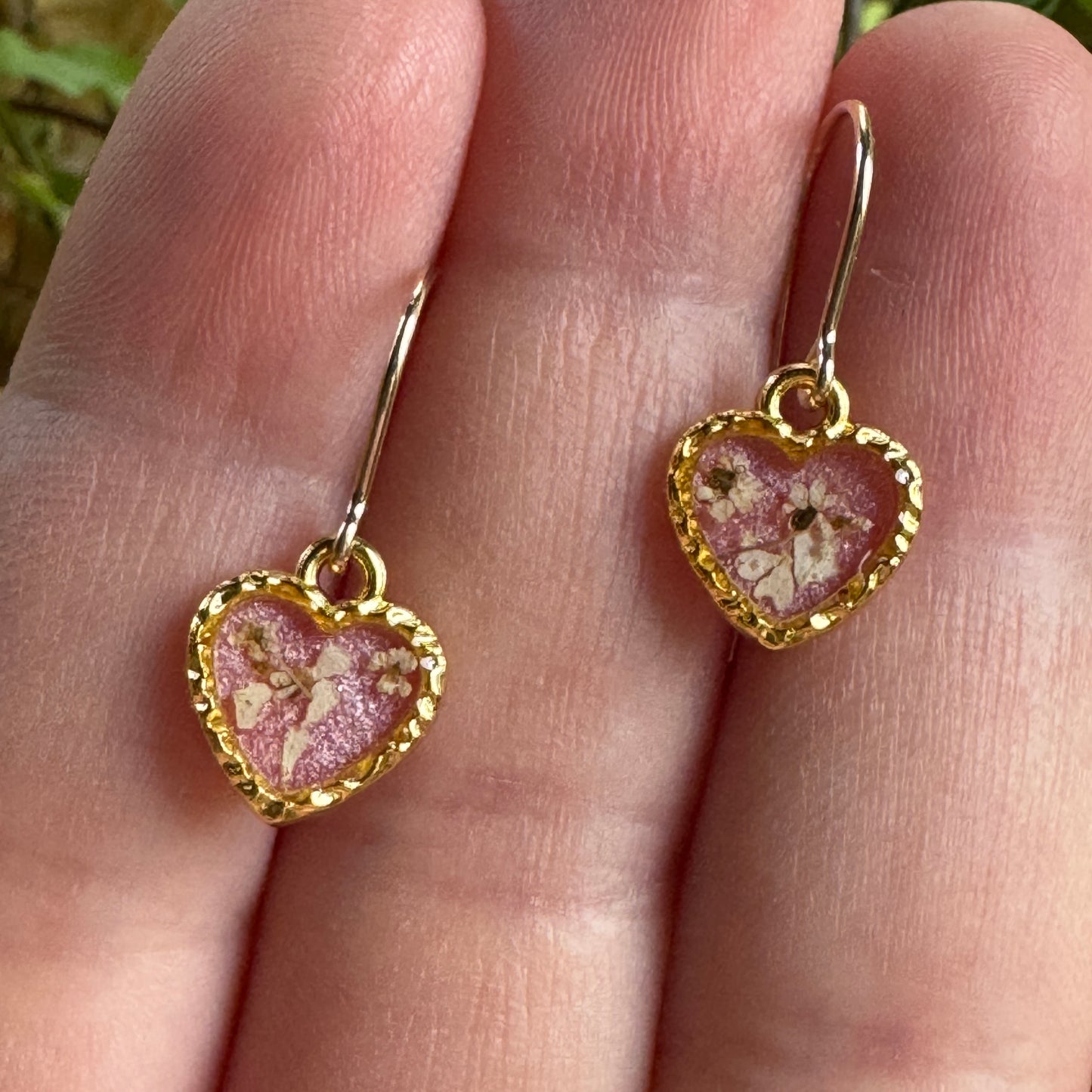 Pressed Rose & Queen Anne’s Lace Earrings – Valentine’s Botanical Jewelry in Gold Filled