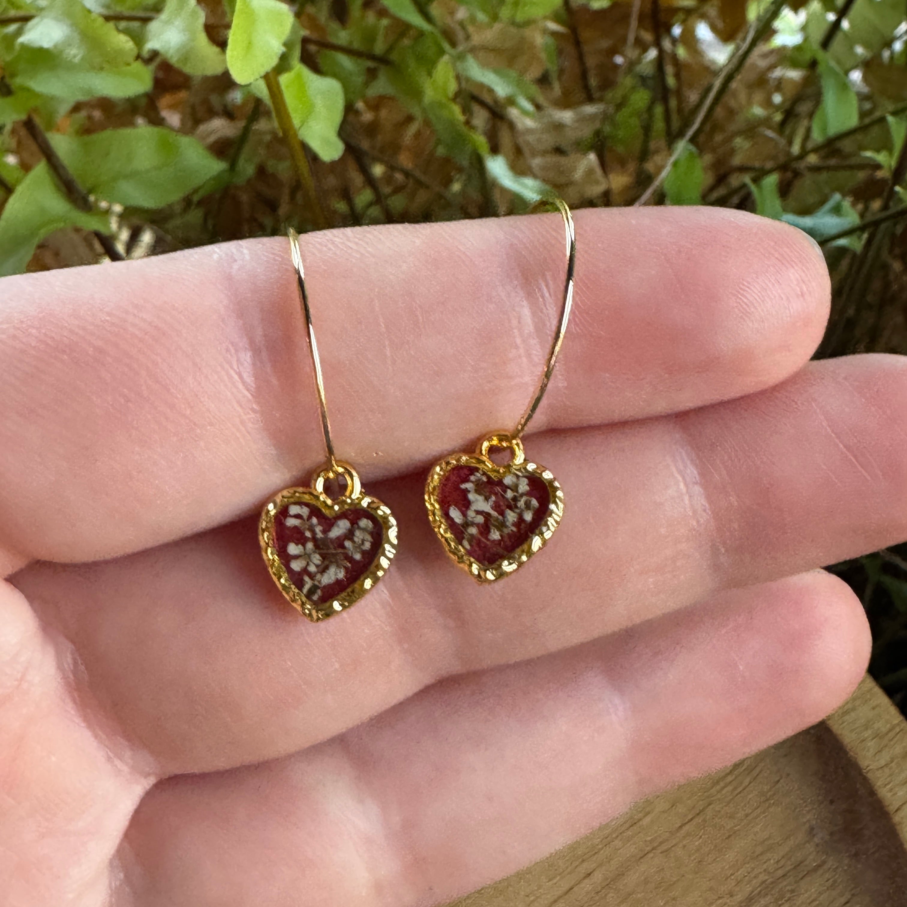 Pressed Rose & Queen Anne’s Lace Earrings – Valentine’s Botanical Jewelry in Gold Filled