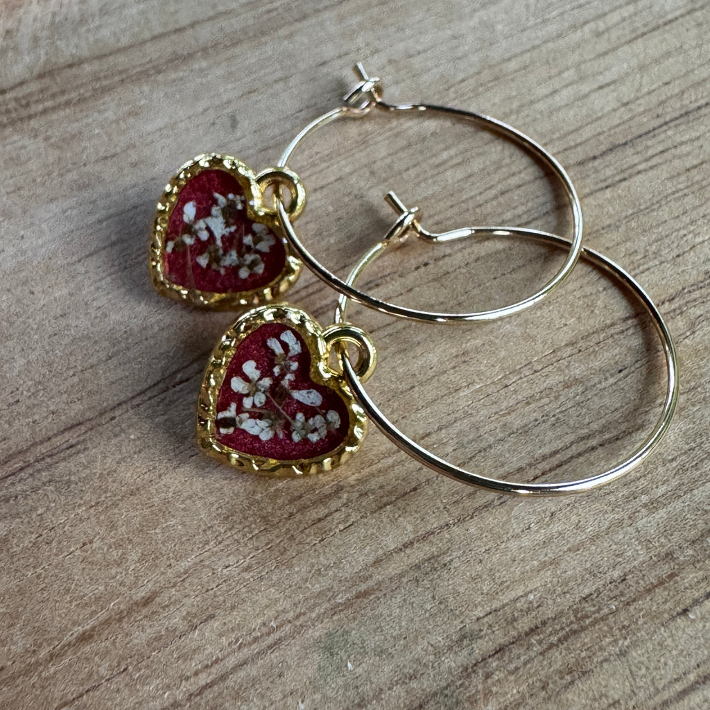Pressed Rose & Queen Anne’s Lace Earrings – Valentine’s Botanical Jewelry in Gold Filled