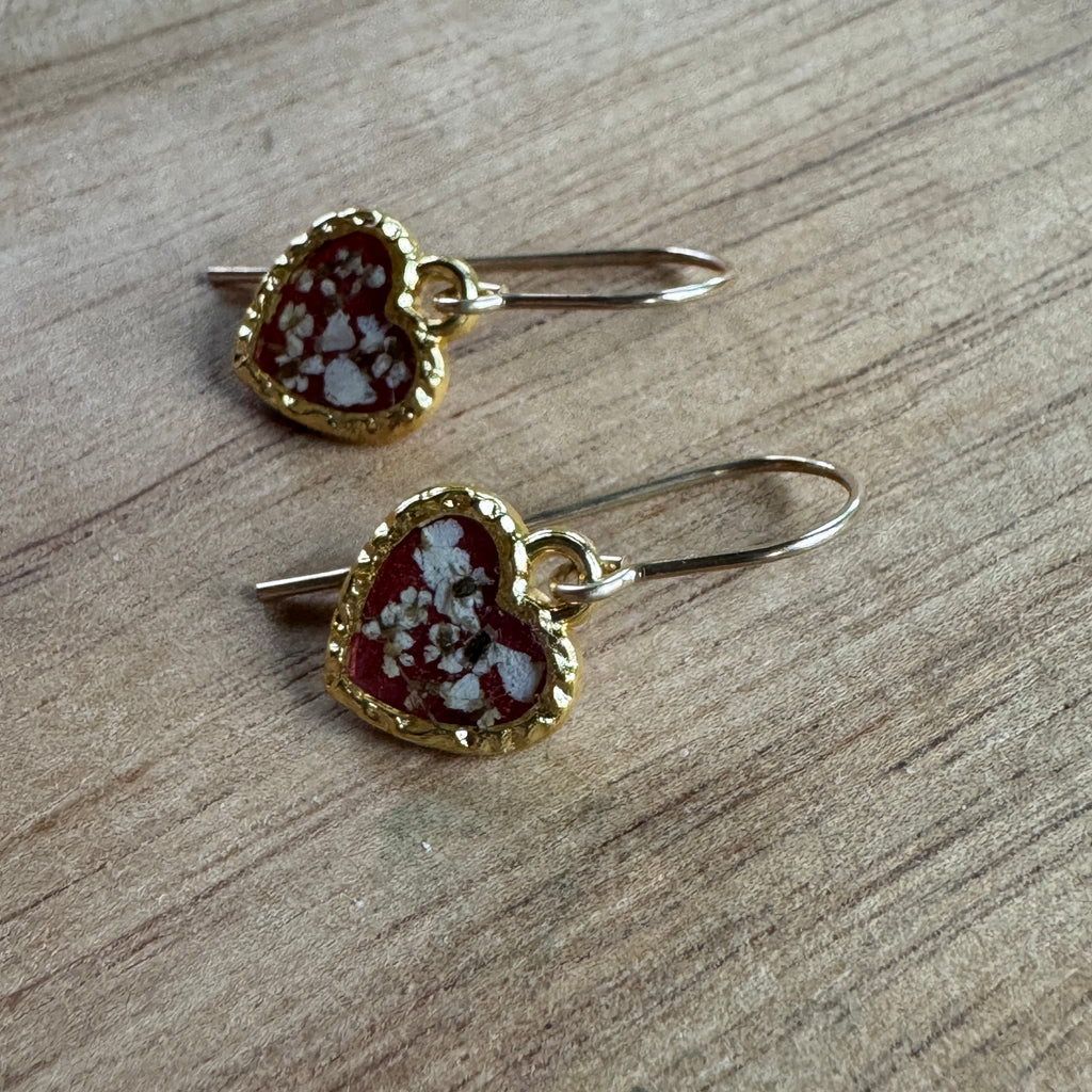 Pressed Rose & Queen Anne’s Lace Earrings – Valentine’s Botanical Jewelry in Gold Filled