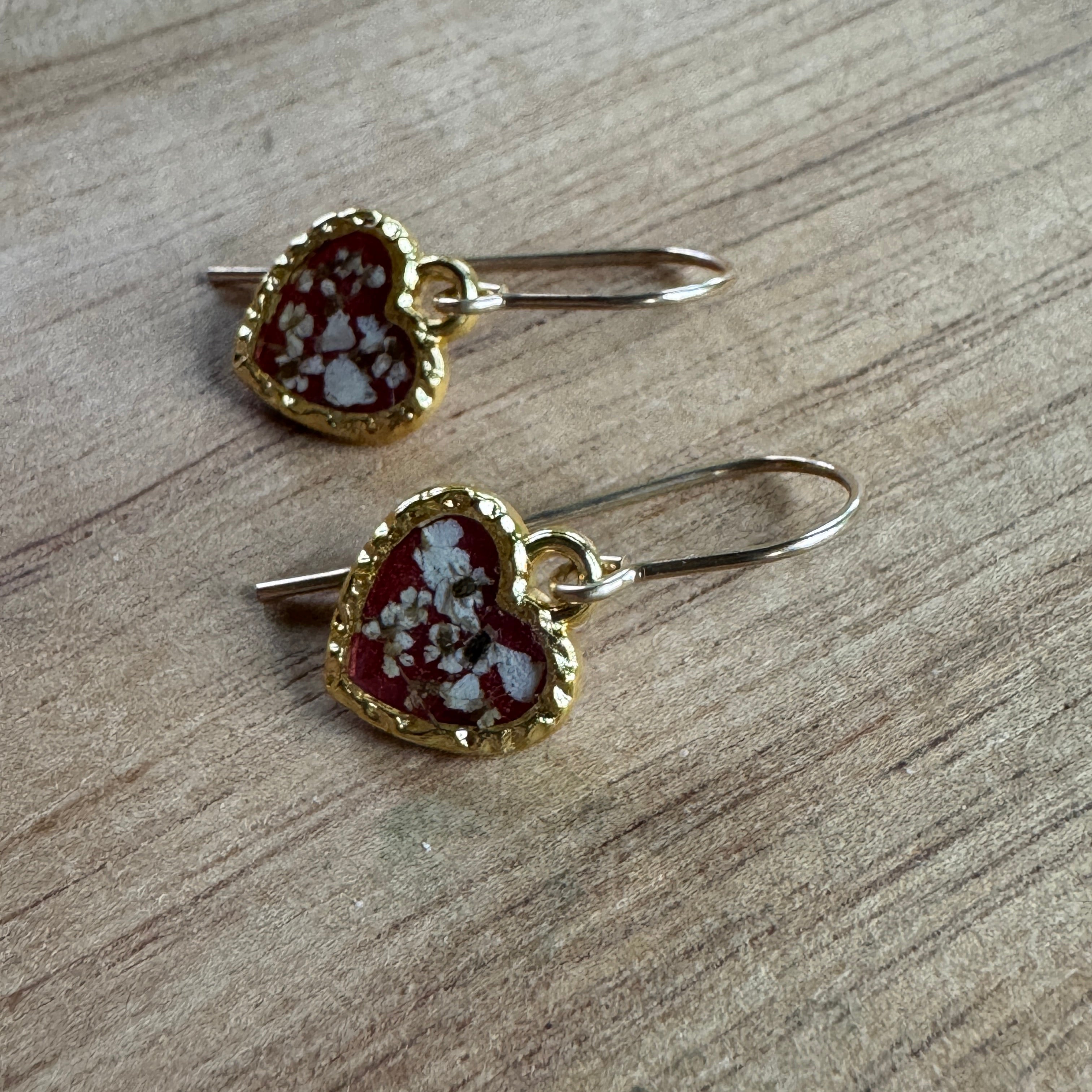 Pressed Rose & Queen Anne’s Lace Earrings – Valentine’s Botanical Jewelry in Gold Filled