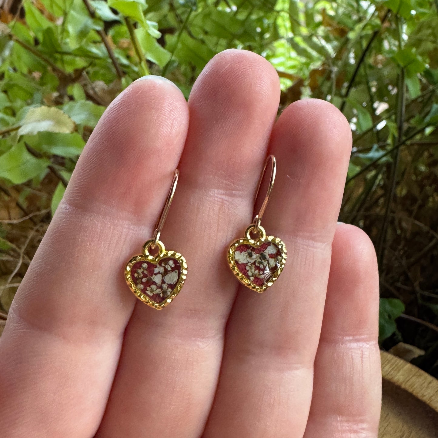 Pressed Rose & Queen Anne’s Lace Earrings – Valentine’s Botanical Jewelry in Gold Filled