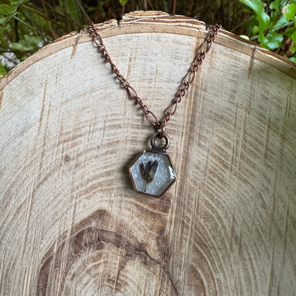 Handmade real lavender hexagon necklace featuring preserved lavender in resin with a Morning Mist white background, available in antique copper.