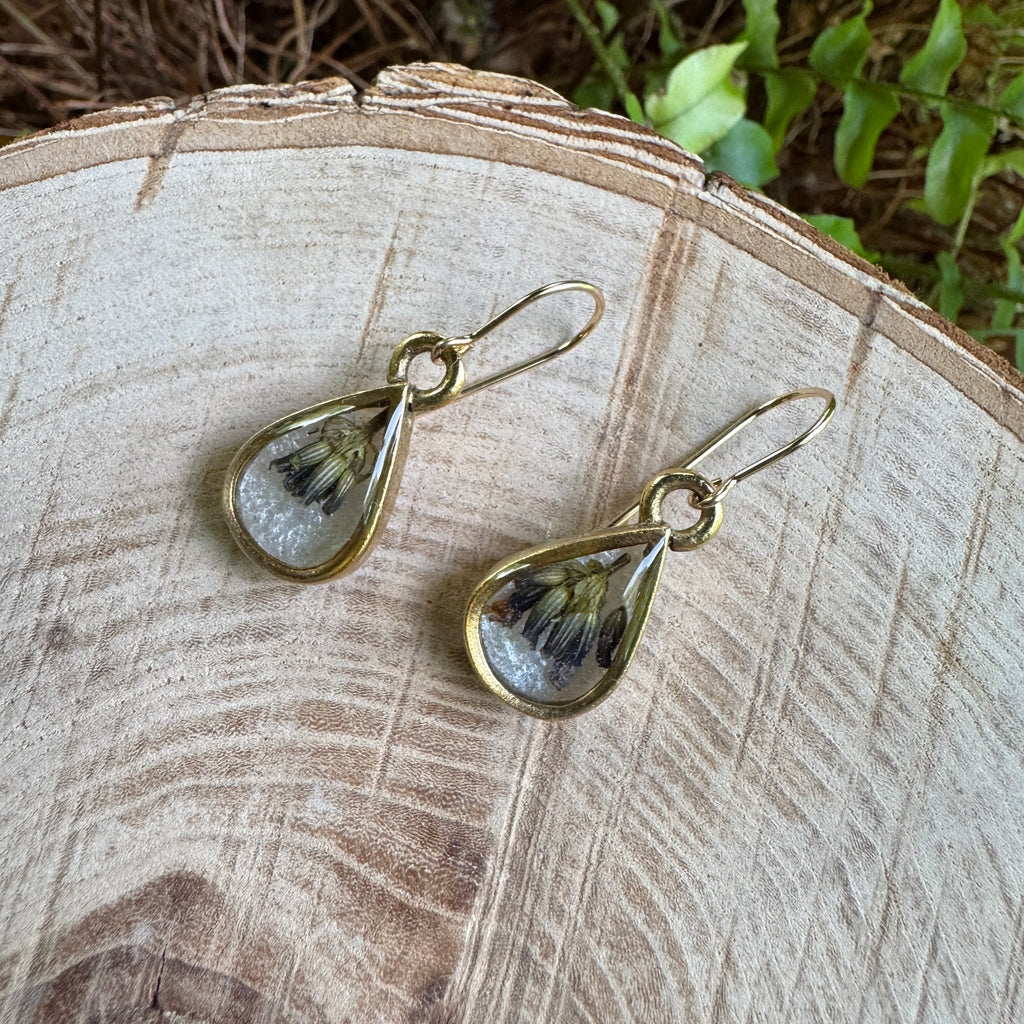 Handmade real lavender teardrop earrings featuring preserved lavender in resin, available in gold filled.