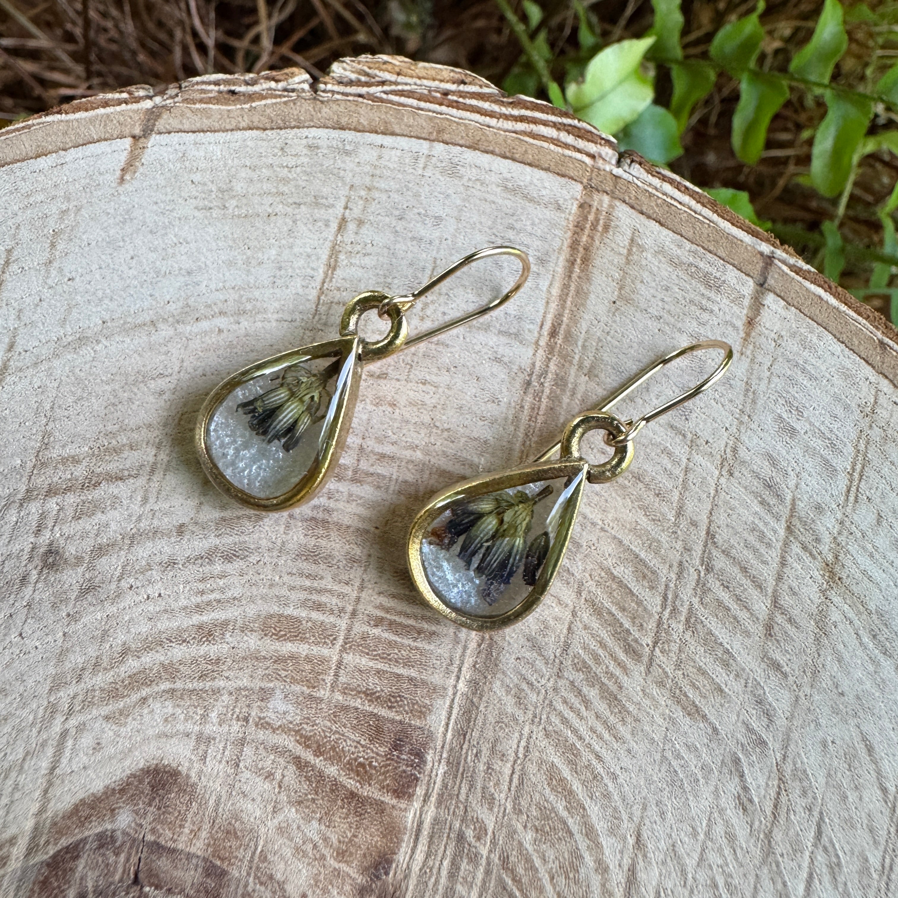Handmade real lavender teardrop earrings featuring preserved lavender in resin, available in gold filled.