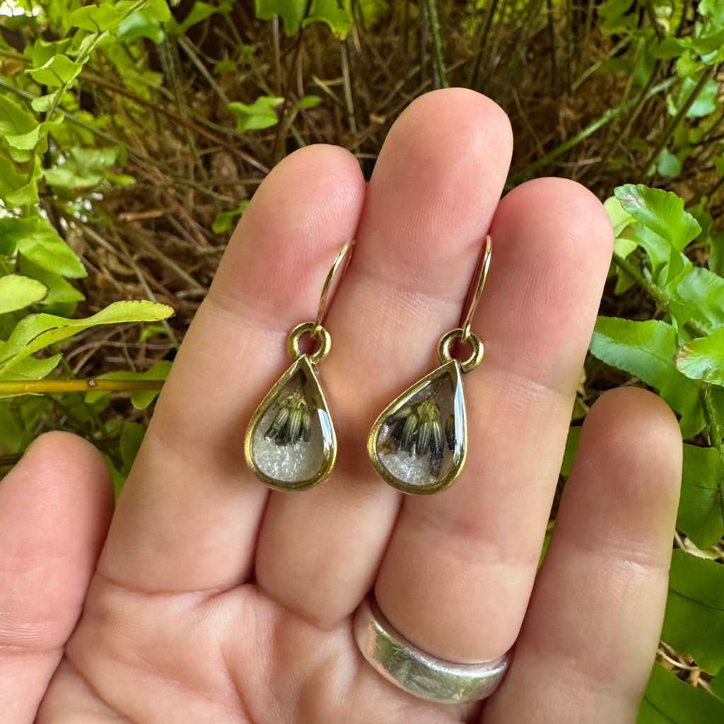 Handmade real lavender teardrop earrings featuring preserved lavender in resin, available in gold filled.