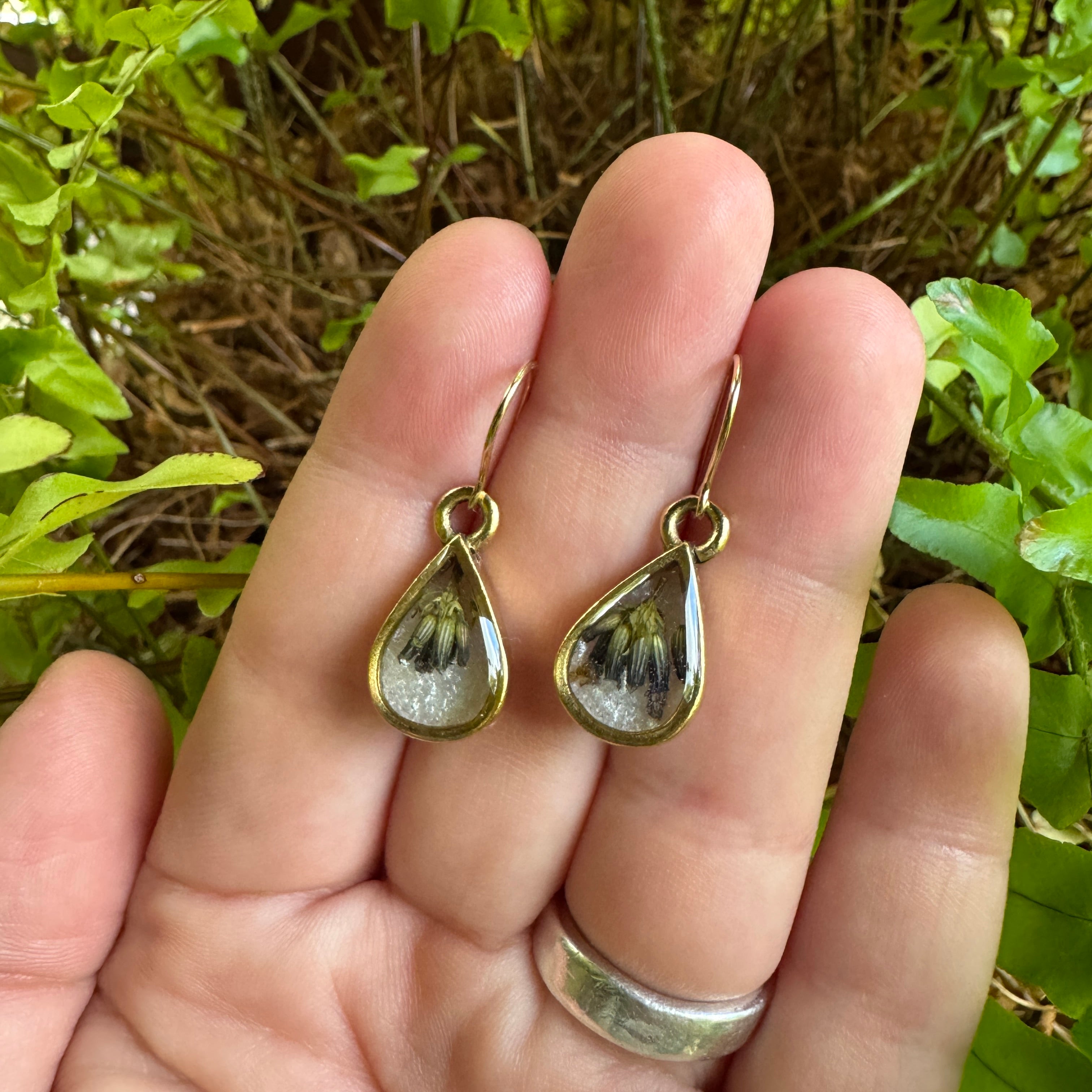 Handmade real lavender teardrop earrings featuring preserved lavender in resin, available in gold filled.
