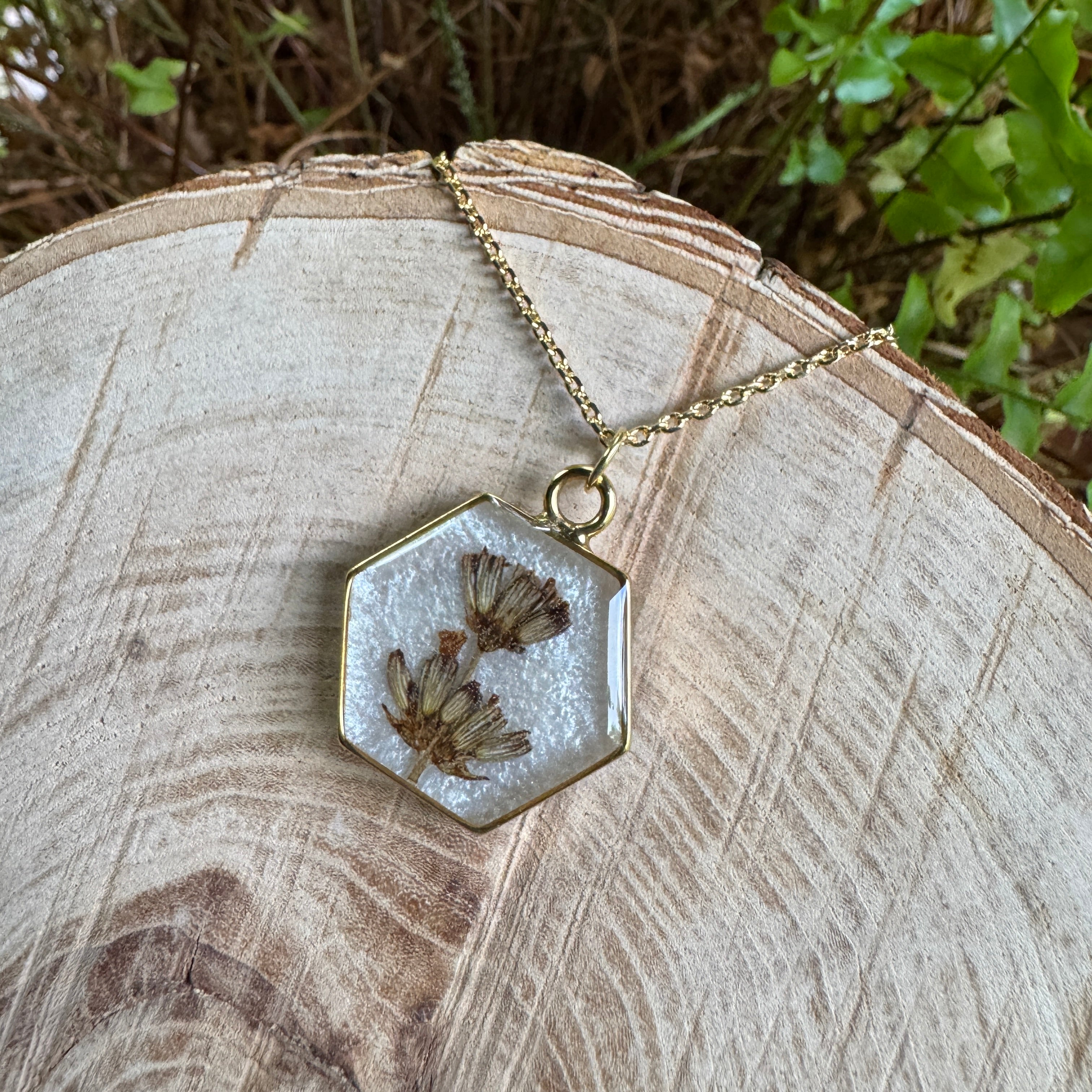 Handmade real lavender hexagon necklace featuring preserved lavender in resin with a Morning Mist white background, available in gold filled.