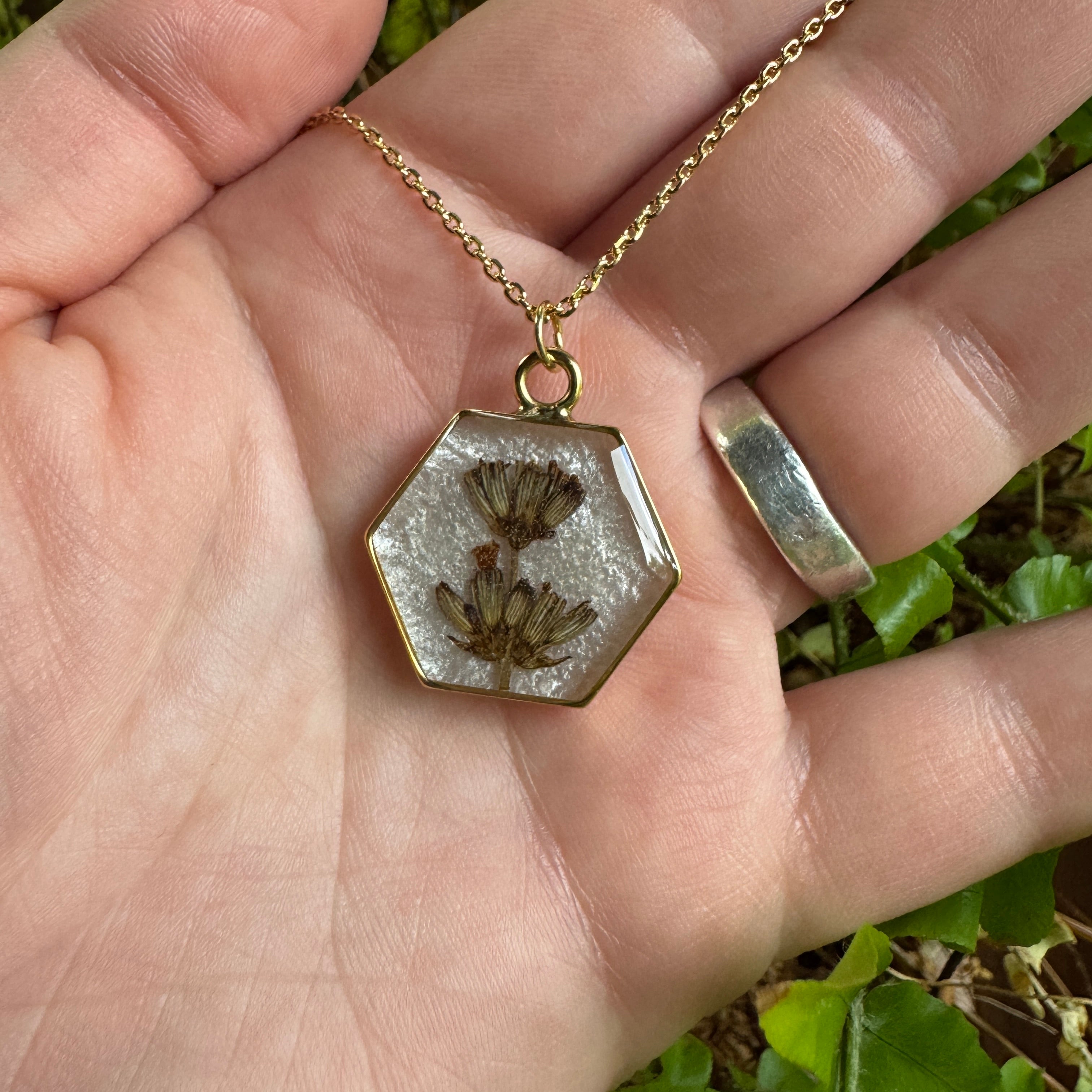 Handmade real lavender hexagon necklace featuring preserved lavender in resin with a Morning Mist white background, available in gold filled.