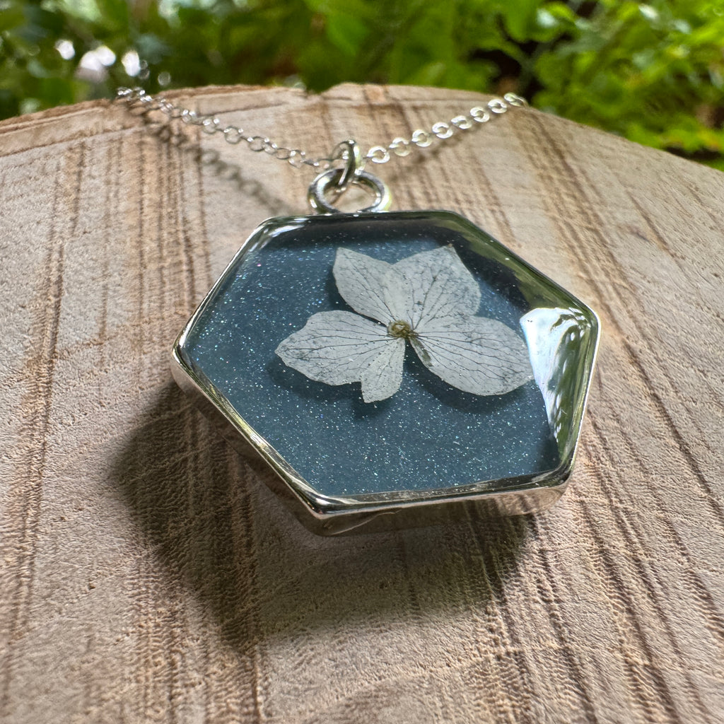 Hydrangea Necklace | Real Pressed Flower in Resin Pendant | Made To Order