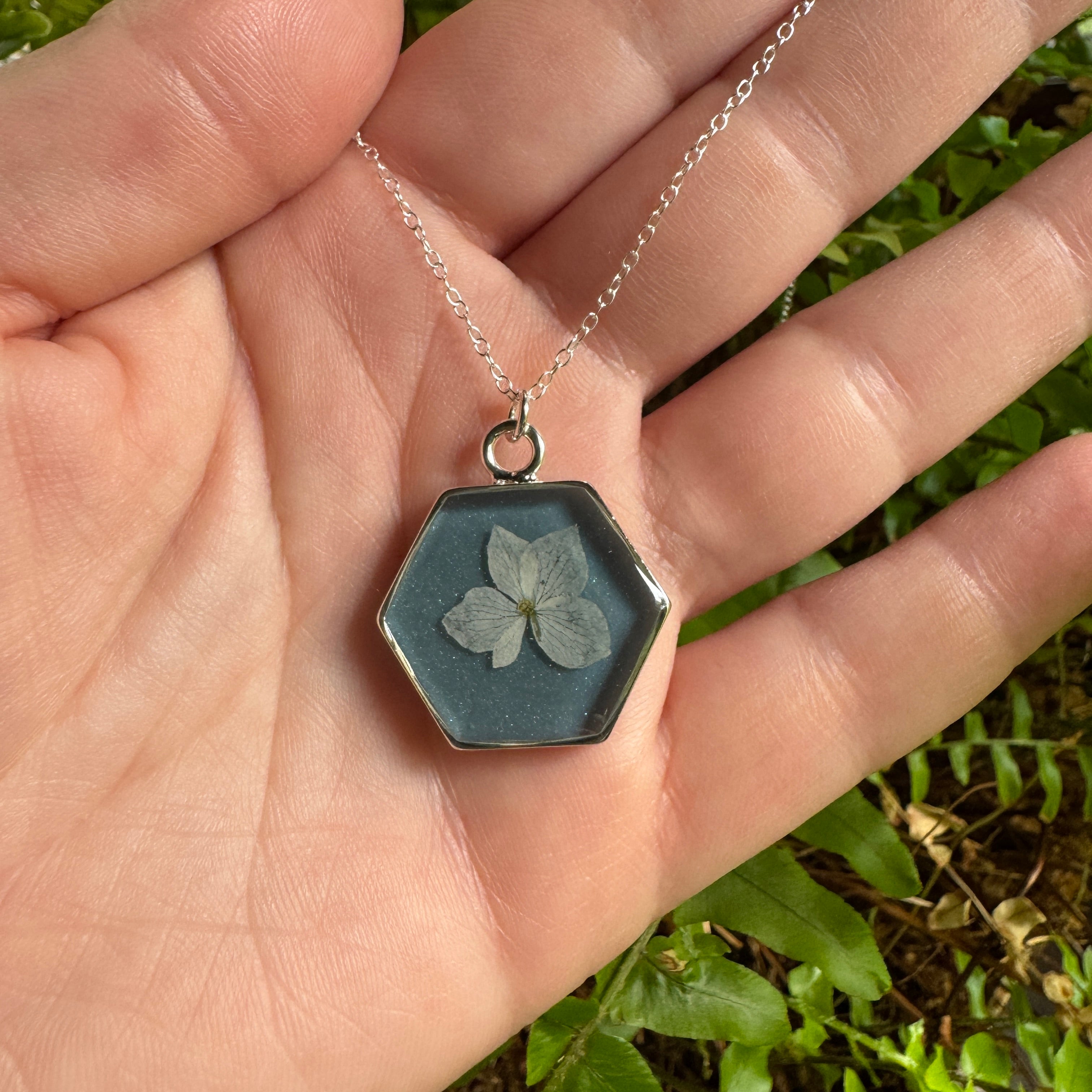 Hydrangea Necklace | Real Pressed Flower in Resin Pendant | Made To Order