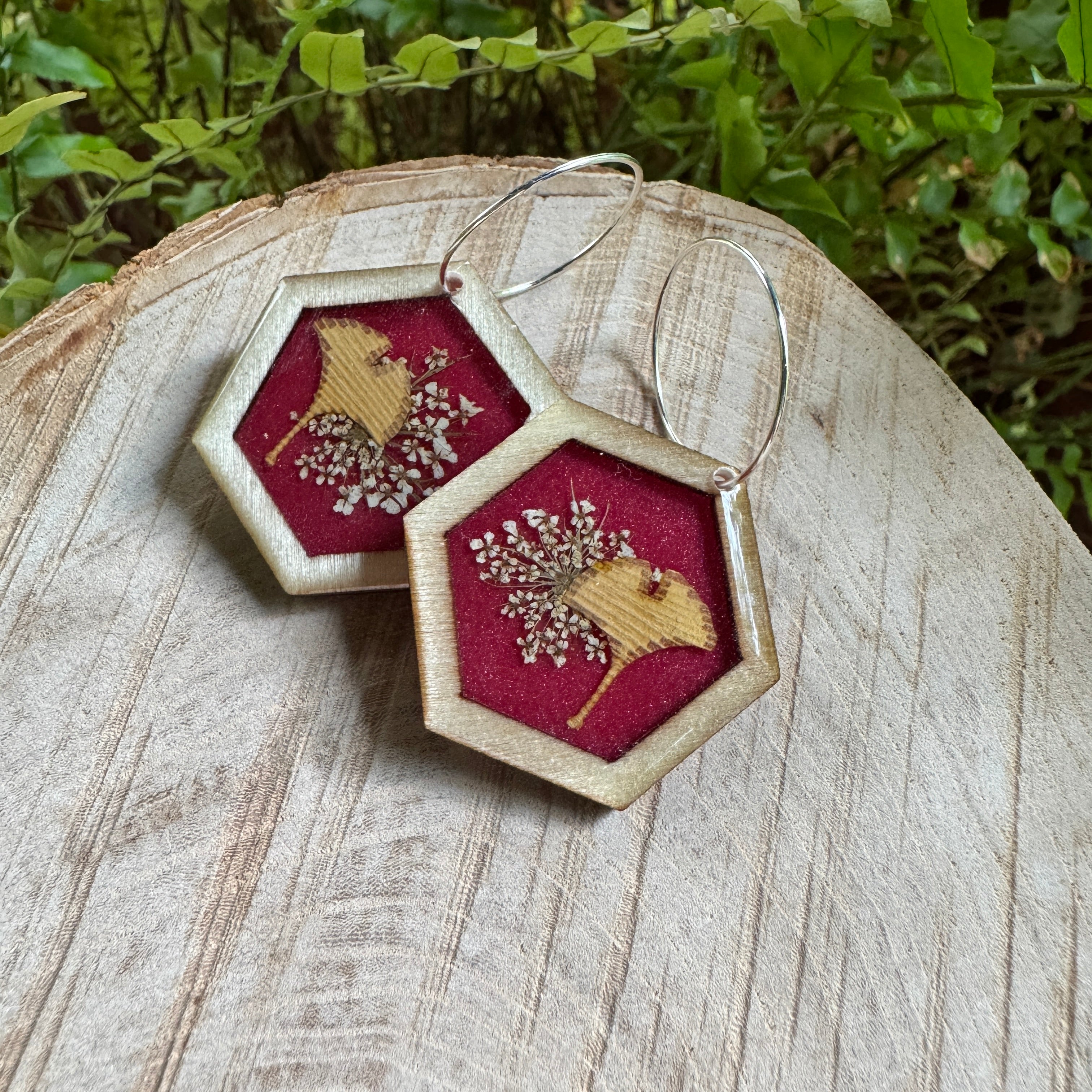 Queen Anne's Lace & Ginkgo Leaf Resin Earrings | Botanical Jewelry Inspired by Nature