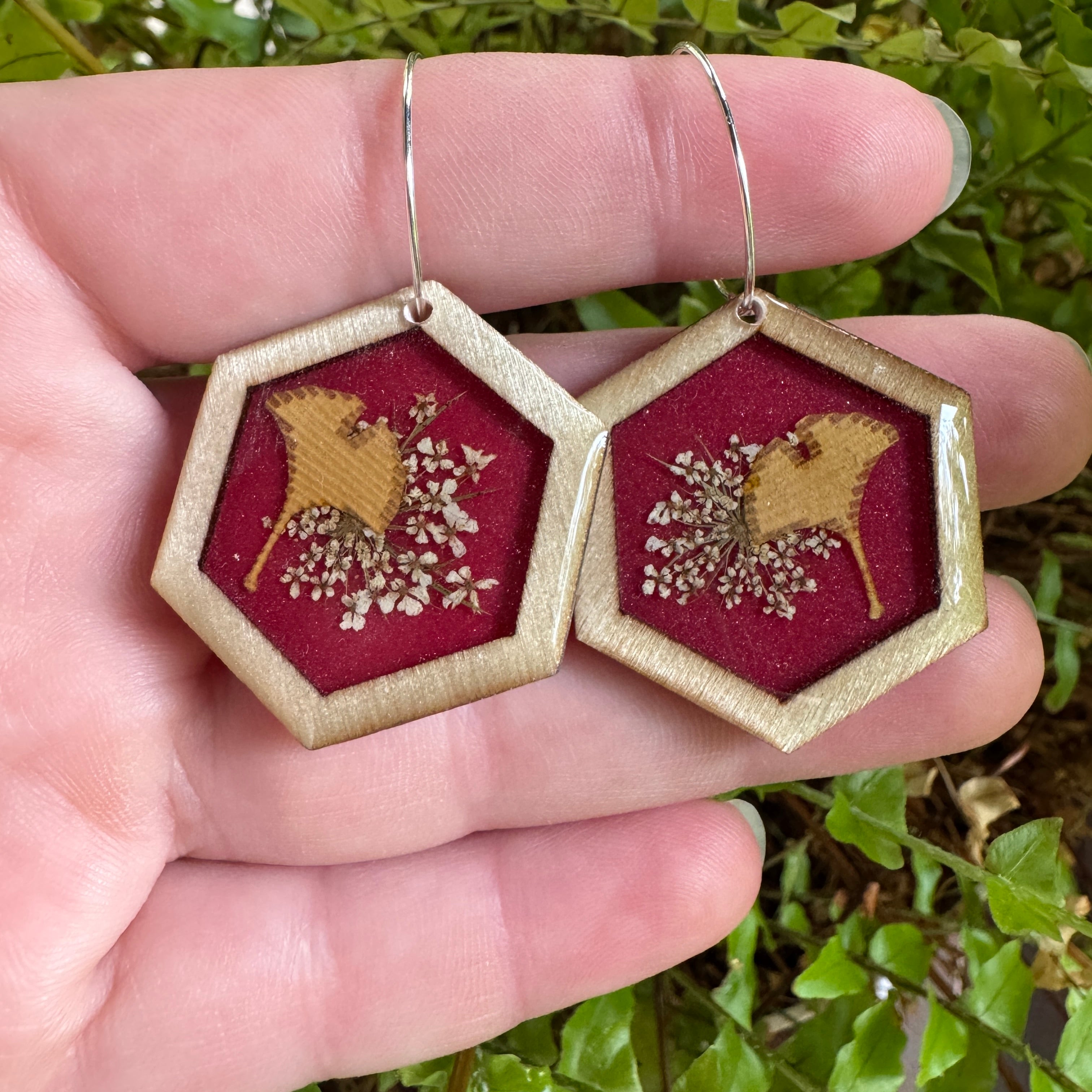 Queen Anne's Lace & Ginkgo Leaf Resin Earrings | Botanical Jewelry Inspired by Nature