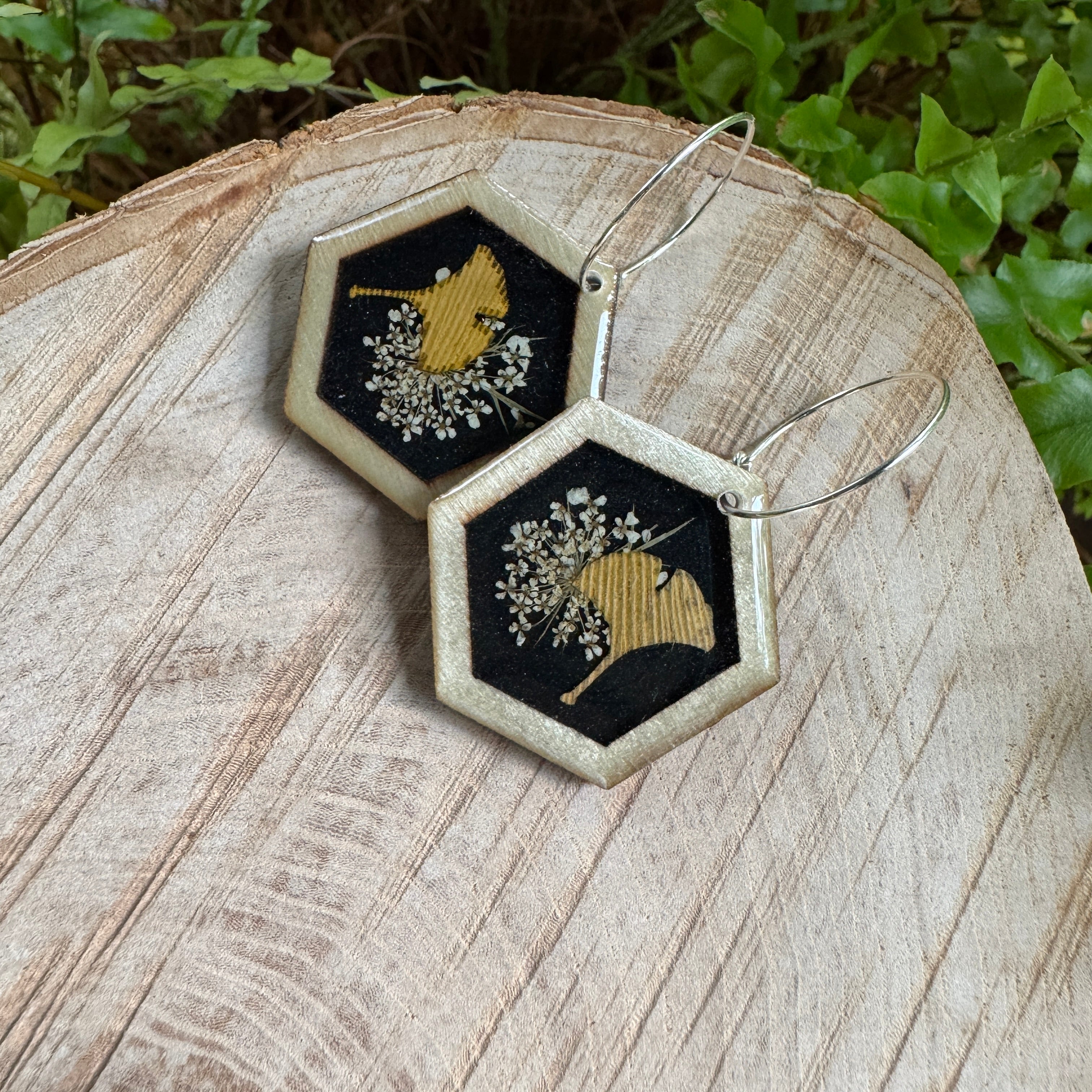 Queen Anne's Lace & Ginkgo Leaf Resin Earrings | Botanical Jewelry Inspired by Nature