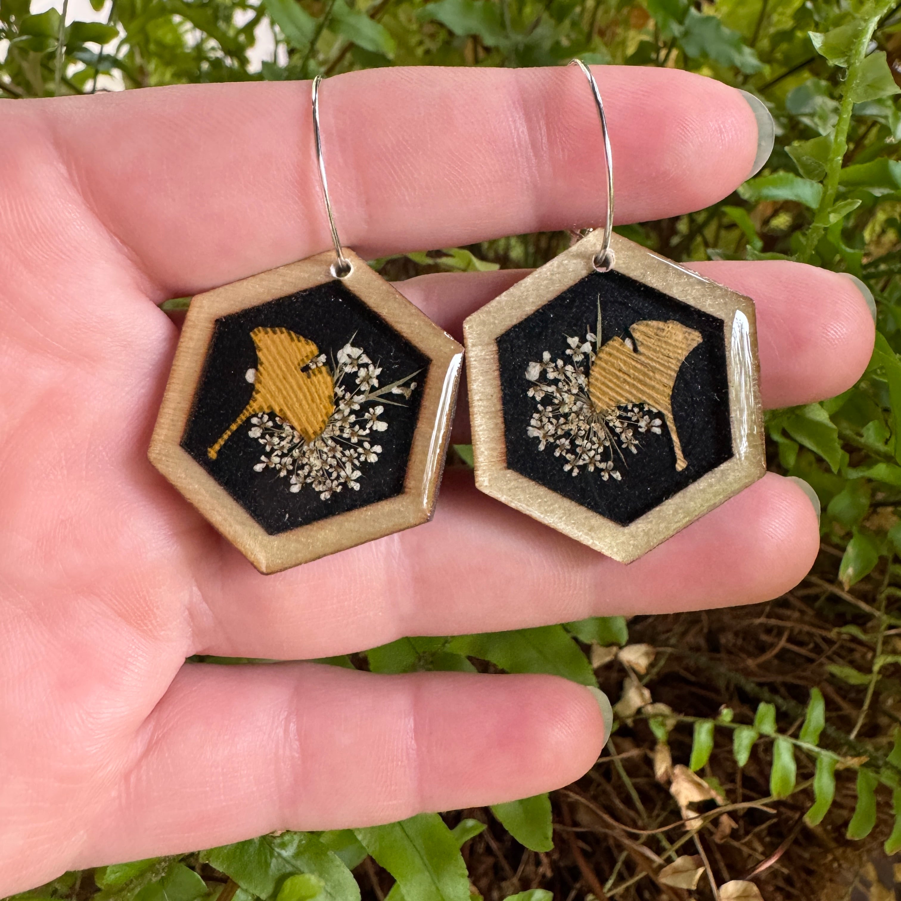 Queen Anne's Lace & Ginkgo Leaf Resin Earrings | Botanical Jewelry Inspired by Nature