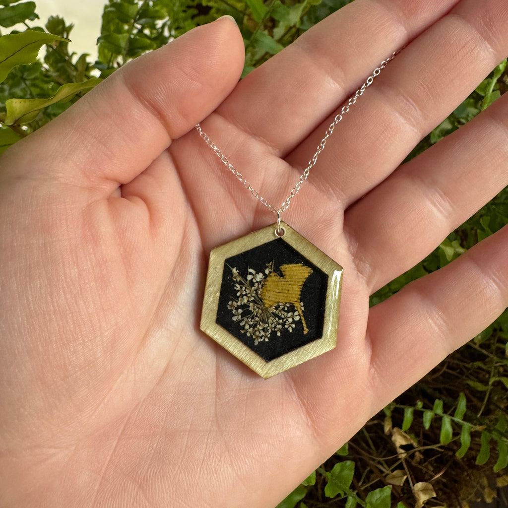 Queen Anne’s Lace & Ginkgo Leaf Necklace | Real Flower Resin Jewelry
