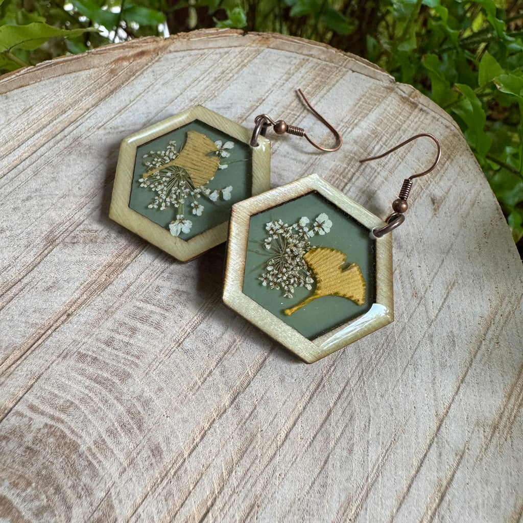 Queen Anne's Lace & Ginkgo Leaf Resin Earrings | Botanical Jewelry Inspired by Nature