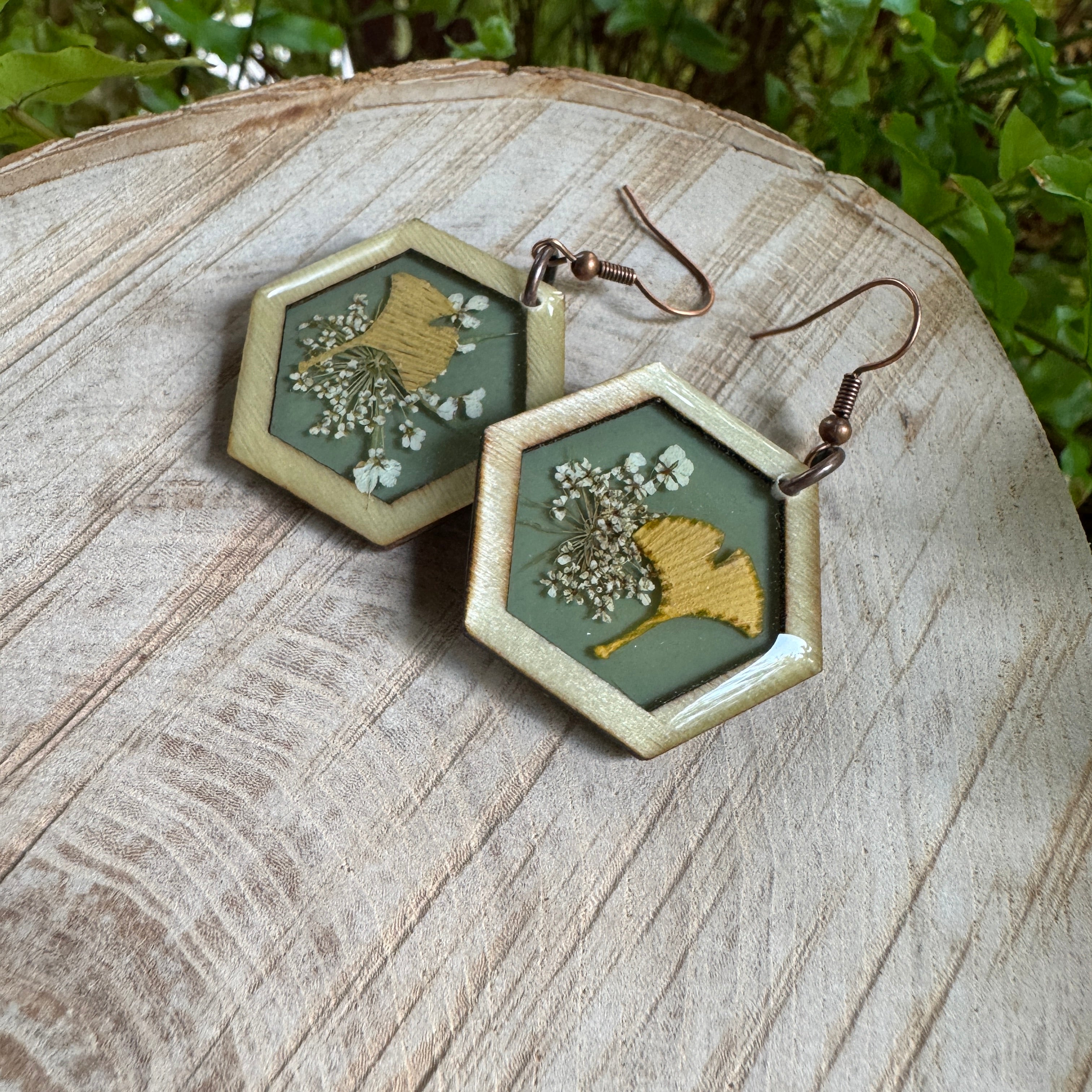 Queen Anne's Lace & Ginkgo Leaf Resin Earrings | Botanical Jewelry Inspired by Nature