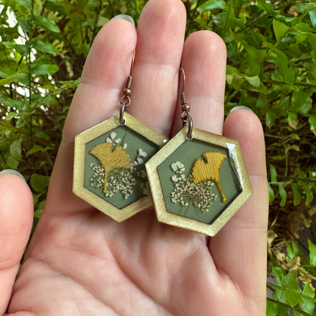 Queen Anne's Lace & Ginkgo Leaf Resin Earrings | Botanical Jewelry Inspired by Nature