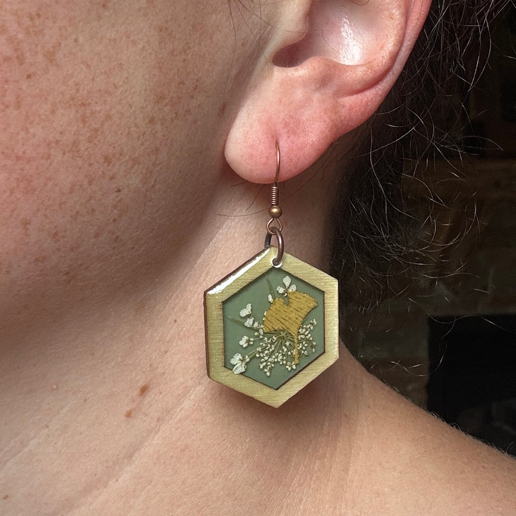 Queen Anne's Lace & Ginkgo Leaf Resin Earrings | Botanical Jewelry Inspired by Nature
